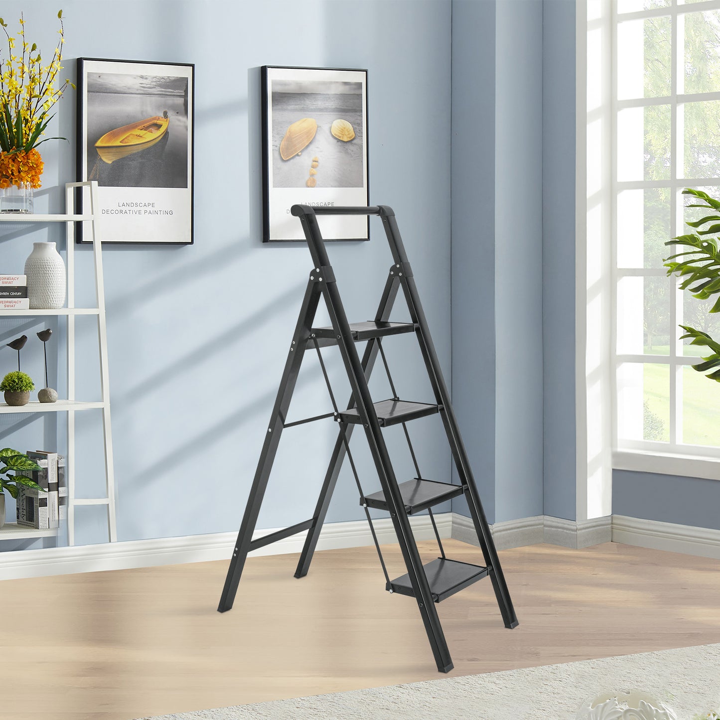 4 Aluminum Step Ladder, 4 Step Stool Folding Step Stool with Handrails, Sturdy Step Stool for Adult, Gorilla Ladders 500LBS Capacity Sturdy& Portable Ladder for Home Kitchen Library Office