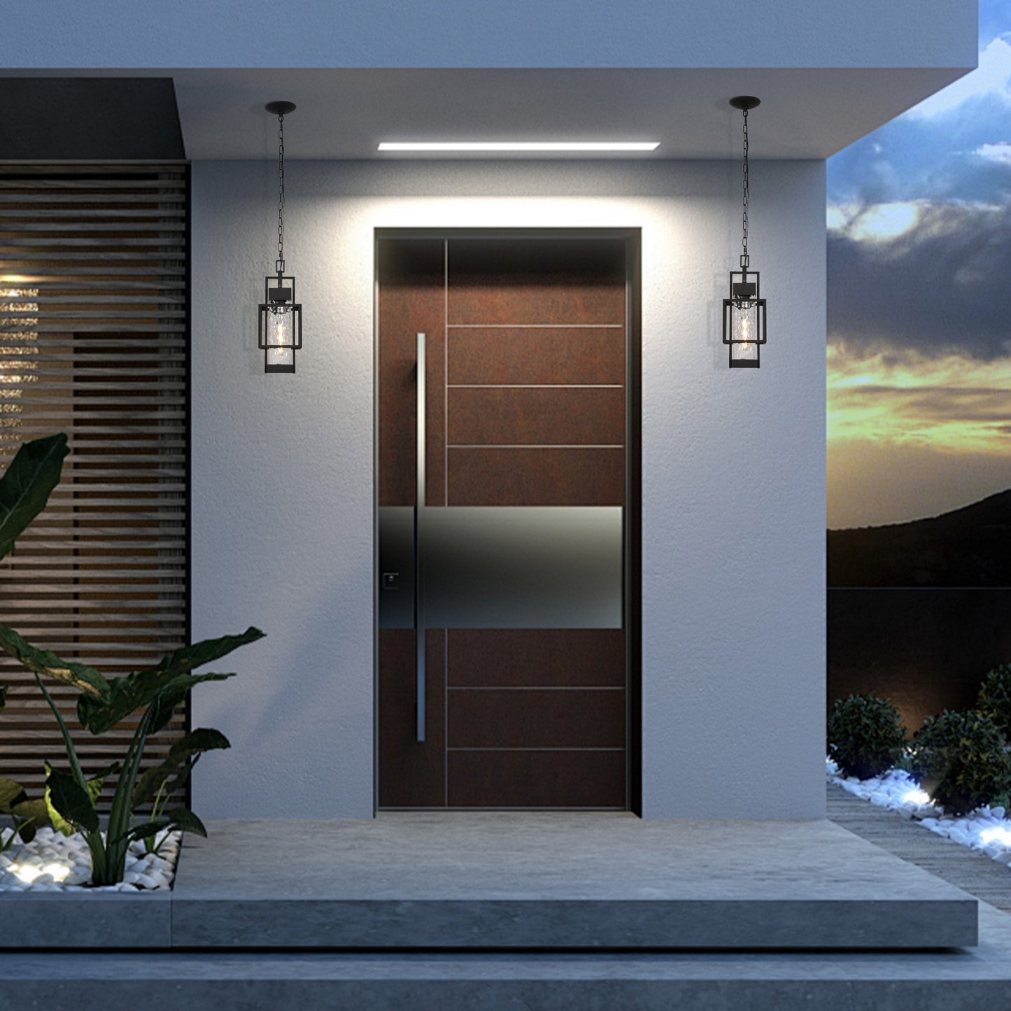 Matte Black Modern/Contemporary Textured Glass Linear Led Cfl Medium Outdoor Hanging Pendant Light