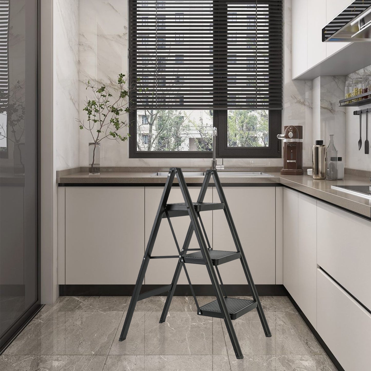 Foldable 3-step Iron Ladder, Load-Bearing Capacity 330 lbs., with Non-Slip and Widened Steps