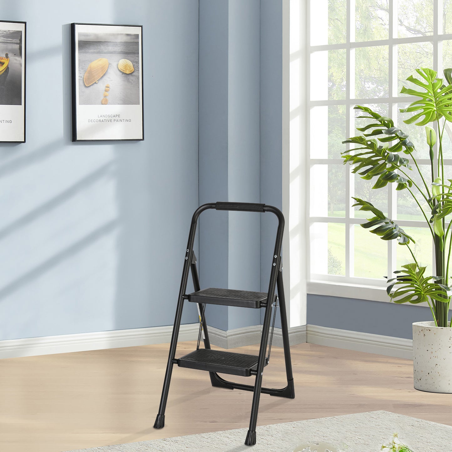 2-Step Black Iron Ladder Foldable Non-slip Outdoor Ladder Loading 330 lbs. for Home, Kitchen, Office