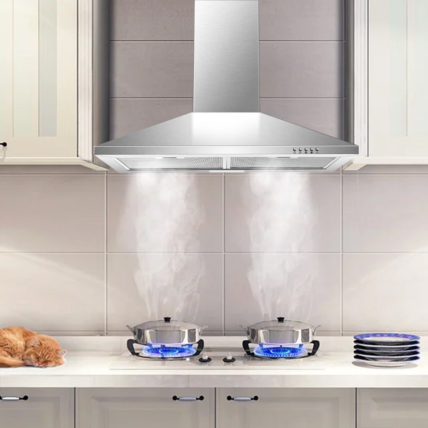 Three-Speed Range Hood 30 Inch Wall Mounted Range Hoods, Convertible Duct/Ductless Kitchen Hood, Max 450 Cfm, Black, Stainless Steel, Aluminum Filters, Led Light, Button Control Vent Hood (Silver)