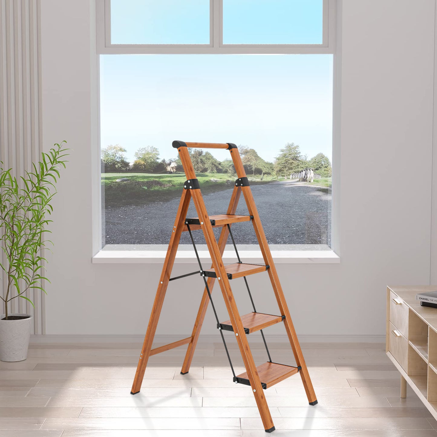 4-Step Aluminum Folding Step Stool Ladder 330 lbs. Load Capacity Type IA Duty Rating (5.48 ft. Reach Height), Wood GRain