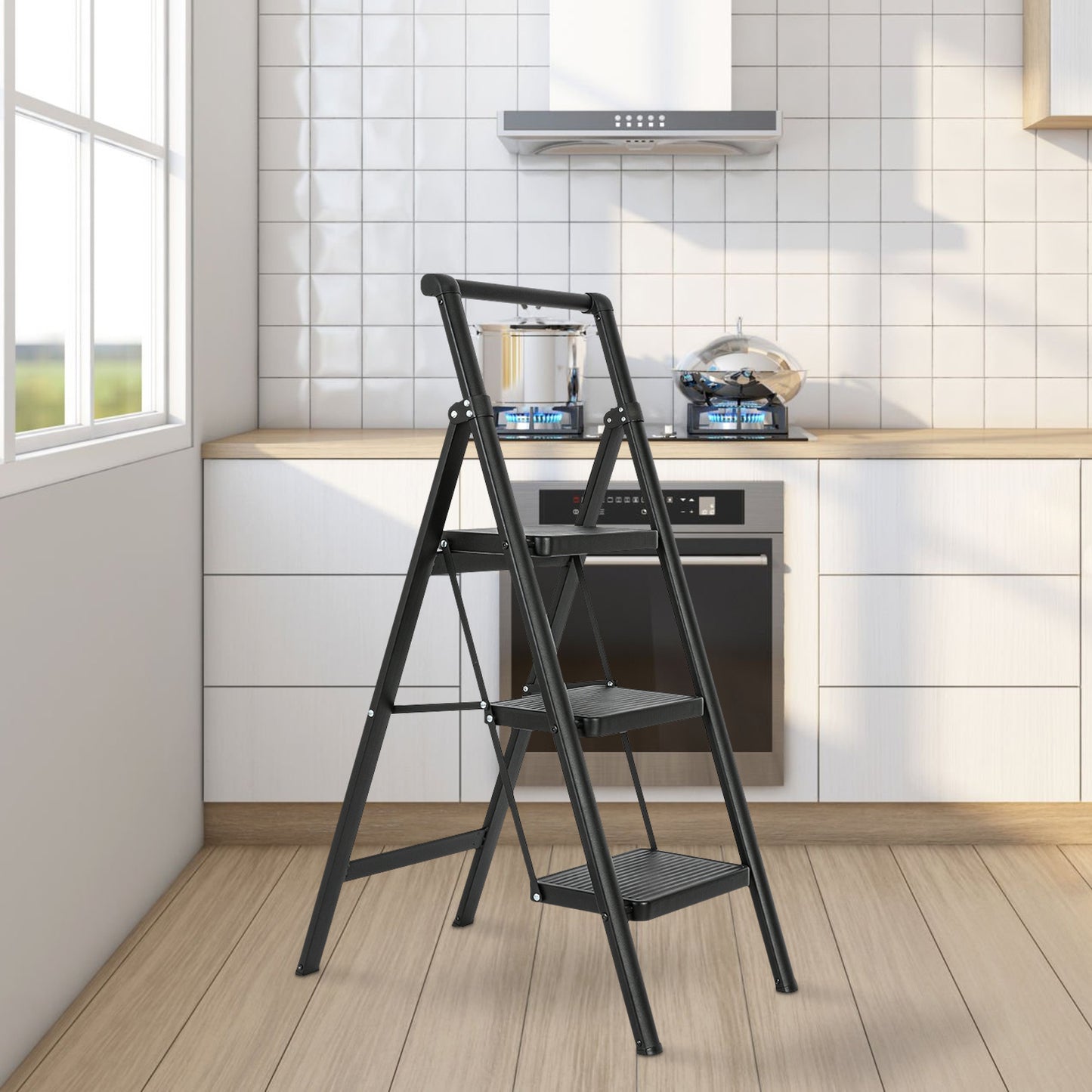 3 Aluminum Step Ladder, 3 Step Stool Folding Step Stool with Handrails, Sturdy Step Stool for Adult, Gorilla Ladders 500LBS Capacity Sturdy& Portable Ladder for Home Kitchen Library Office
