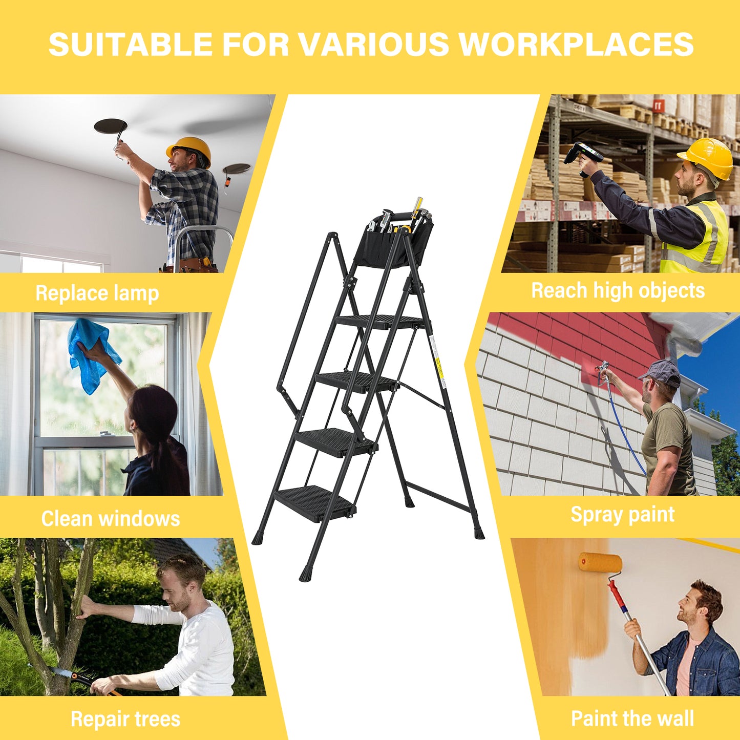 4-Step Foldable Light Weight Wide Anti Slip Pedal and Safety Handle, Sturdy Multi-Purpose Step Ladder with tool bag