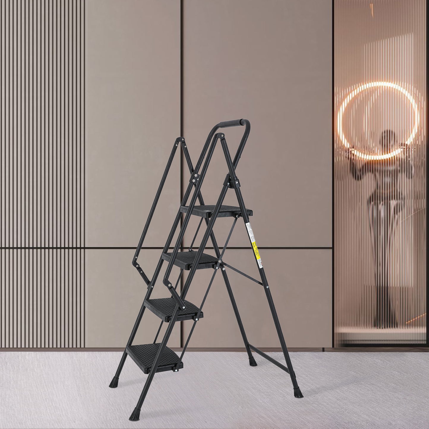 4-Step Steel Folding Step Stool Ladder with Wide Anti Slip Pedal and Safety Handle, Black