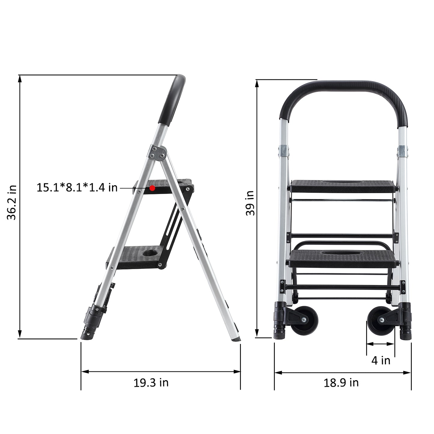 Portable 4 in. 2 Step Ladder Folding Step Stool, Folding Dual-Purpose Stair Car TPR Wheels Load Capacity 265 lbs.