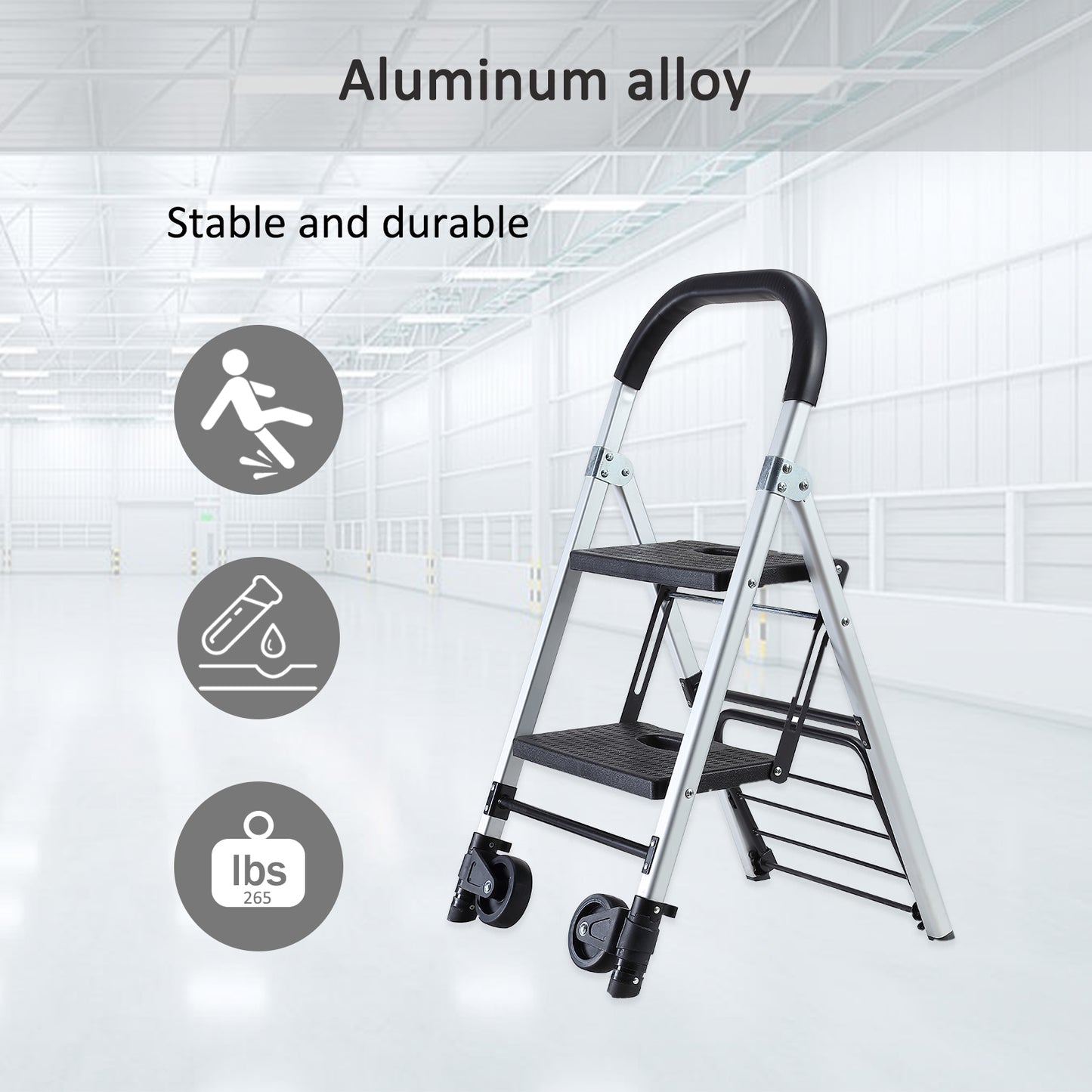 Portable 4 in. 2 Step Ladder Folding Step Stool, Folding Dual-Purpose Stair Car TPR Wheels Load Capacity 265 lbs.