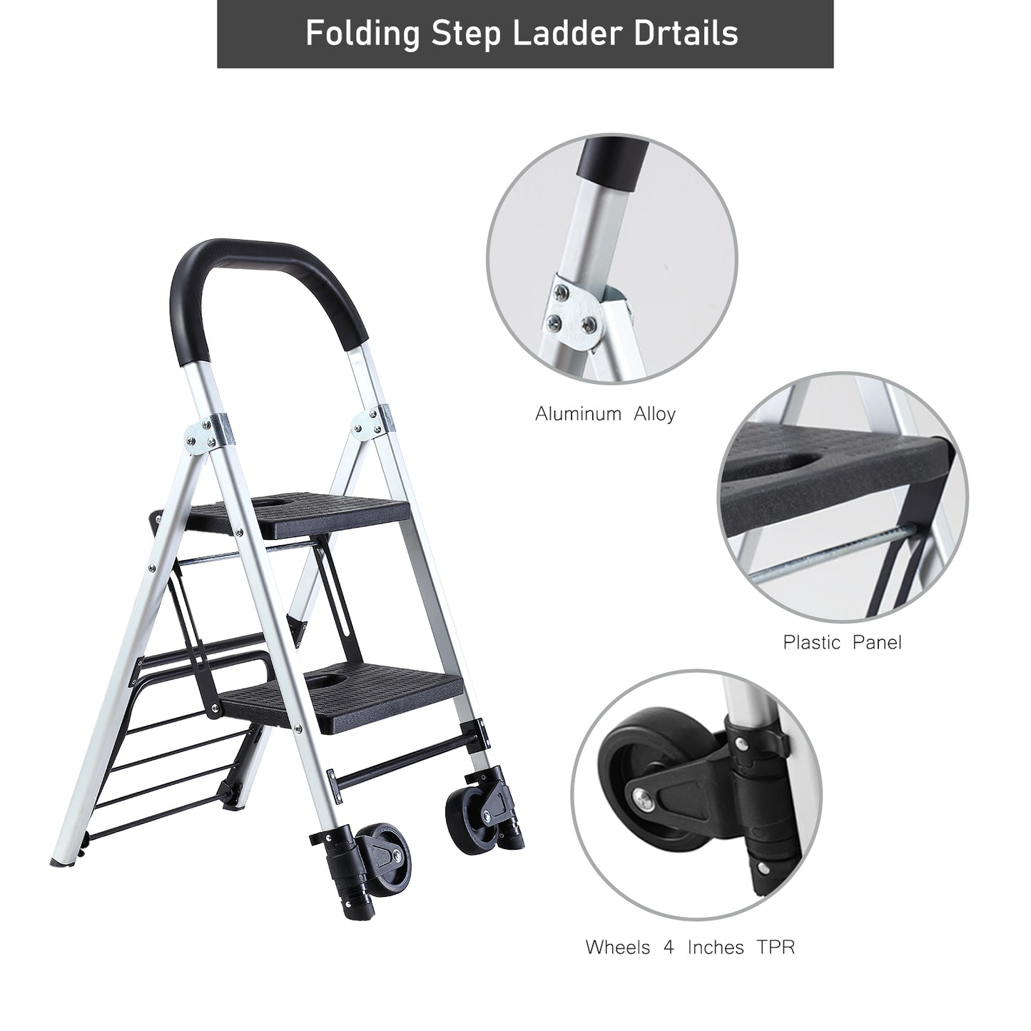 Portable 4 in. 2 Step Ladder Folding Step Stool, Folding Dual-Purpose Stair Car TPR Wheels Load Capacity 265 lbs.