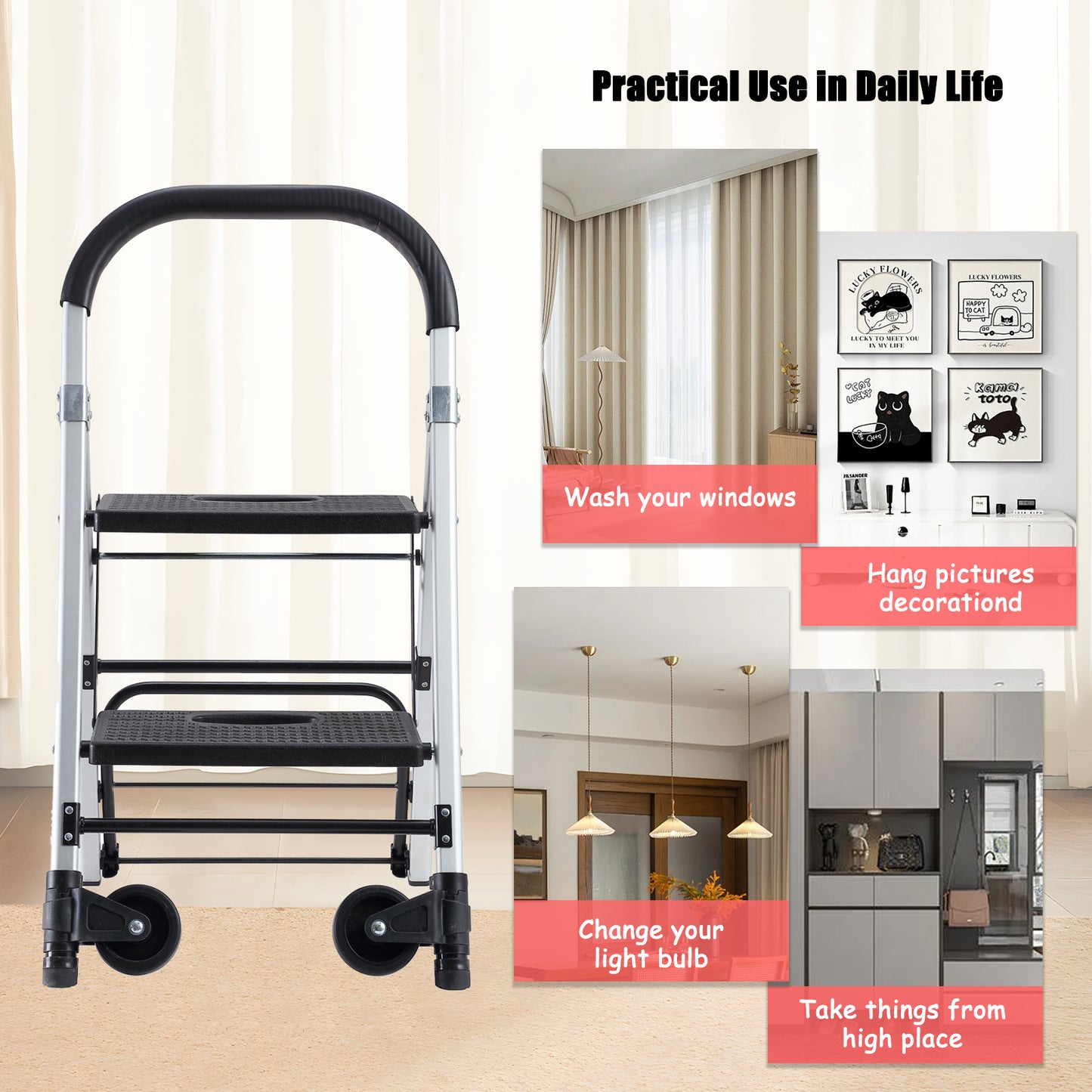 Portable 4 in. 2 Step Ladder Folding Step Stool, Folding Dual-Purpose Stair Car TPR Wheels Load Capacity 265 lbs.