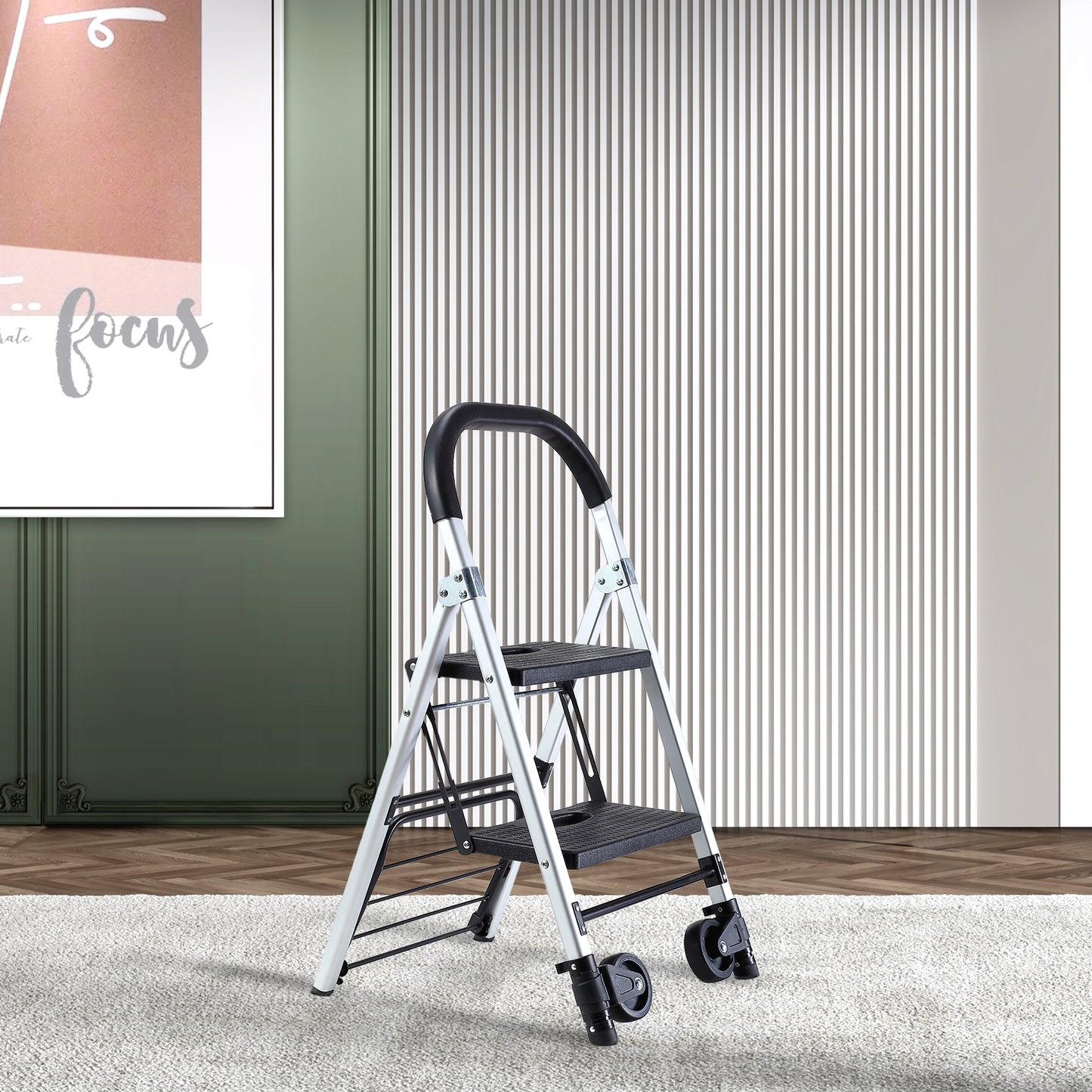 Portable 4 in. 2 Step Ladder Folding Step Stool, Folding Dual-Purpose Stair Car TPR Wheels Load Capacity 265 lbs.