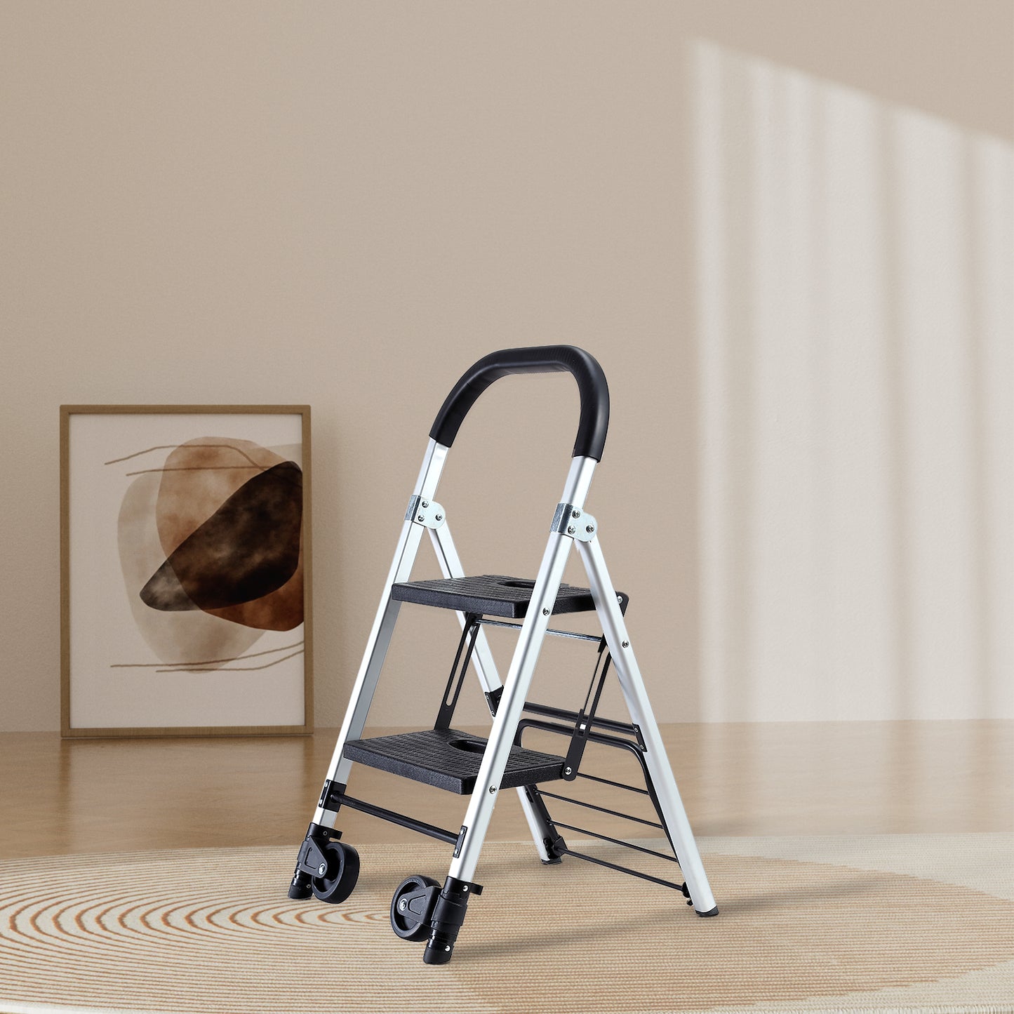 Portable 4 in. 2 Step Ladder Folding Step Stool, Folding Dual-Purpose Stair Car TPR Wheels Load Capacity 265 lbs.