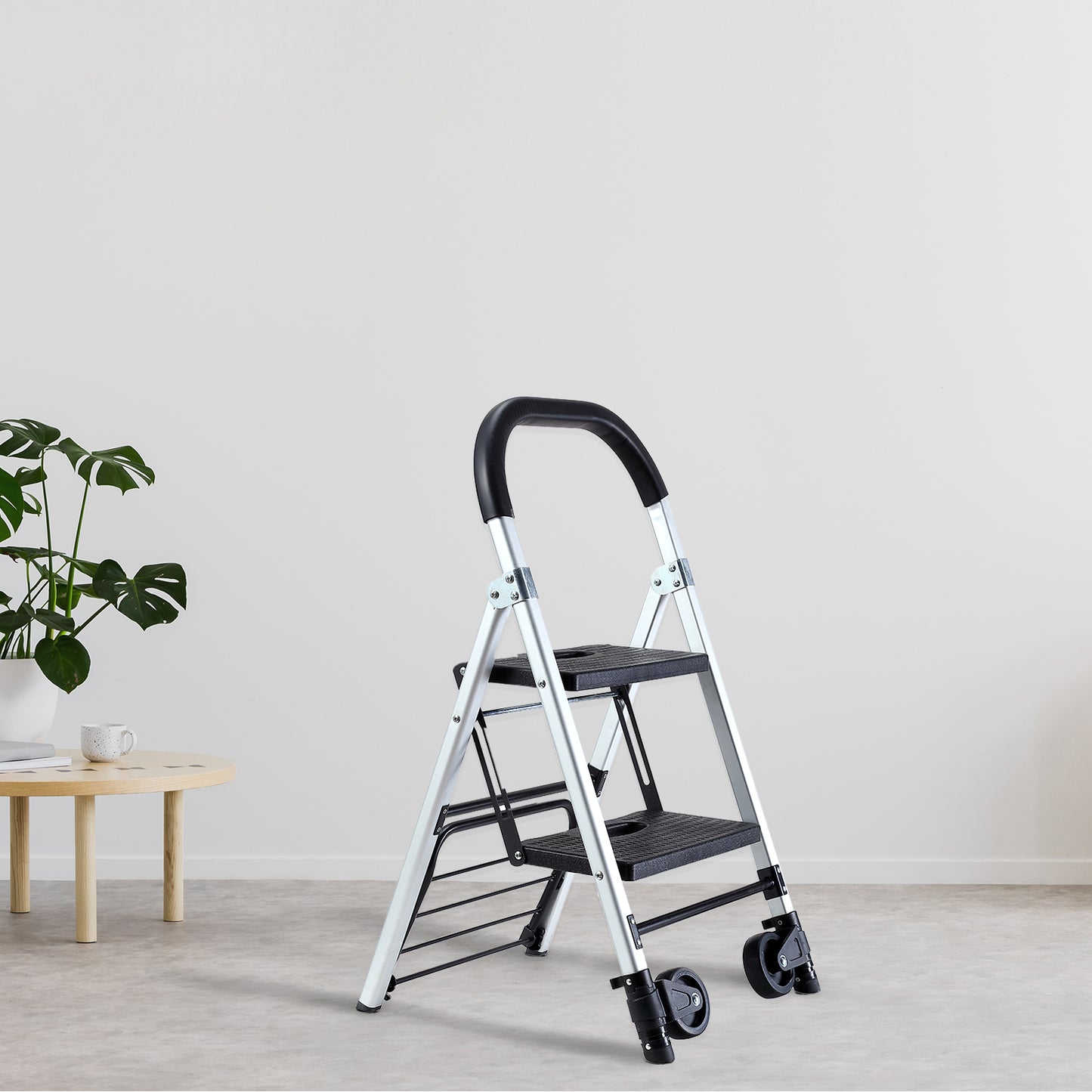 Portable 4 in. 2 Step Ladder Folding Step Stool, Folding Dual-Purpose Stair Car TPR Wheels Load Capacity 265 lbs.