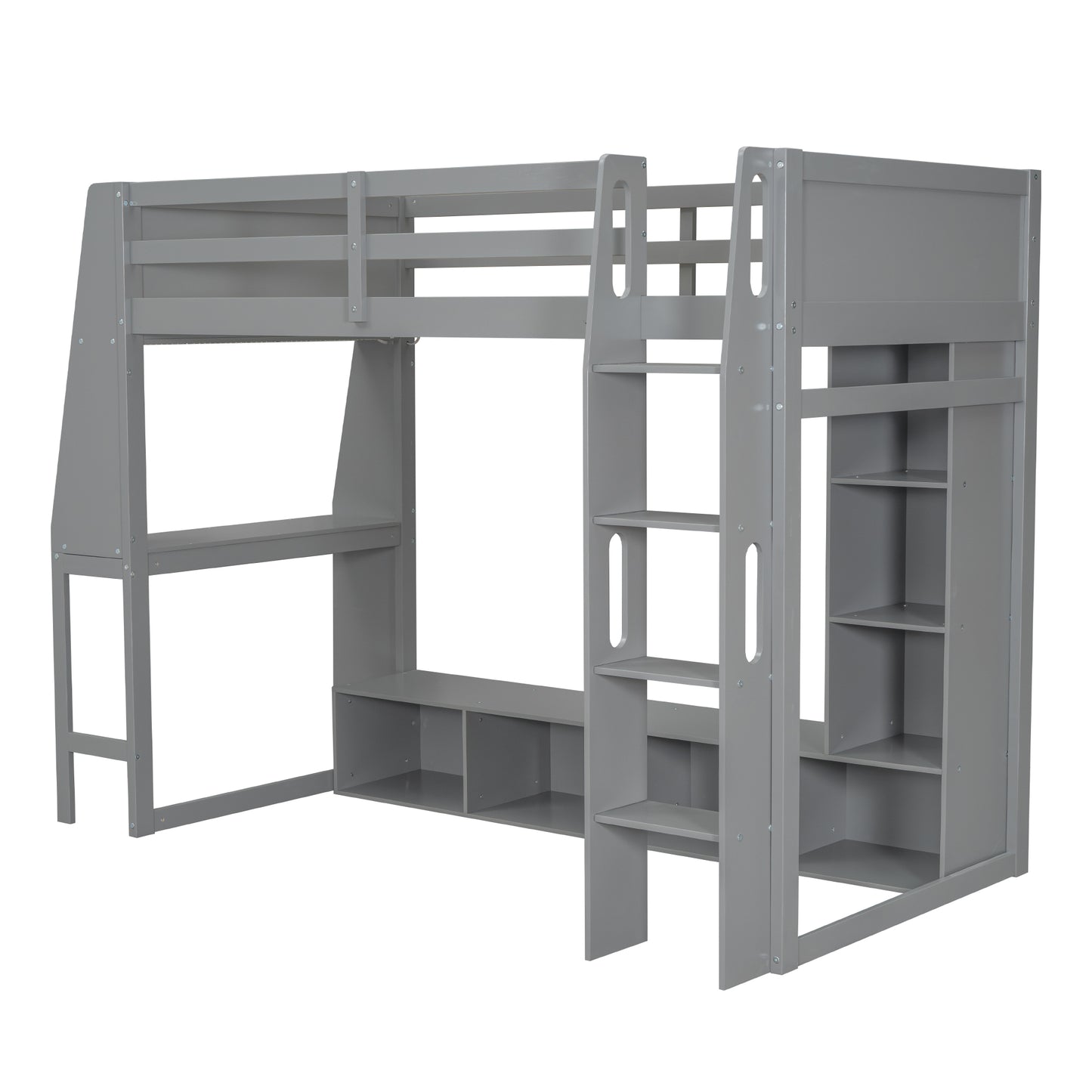 Wood Twin Size Gaming Loft Bed with Desk, Multi-storage Shelves, LED and a Hanging Clothes Rack, Gray