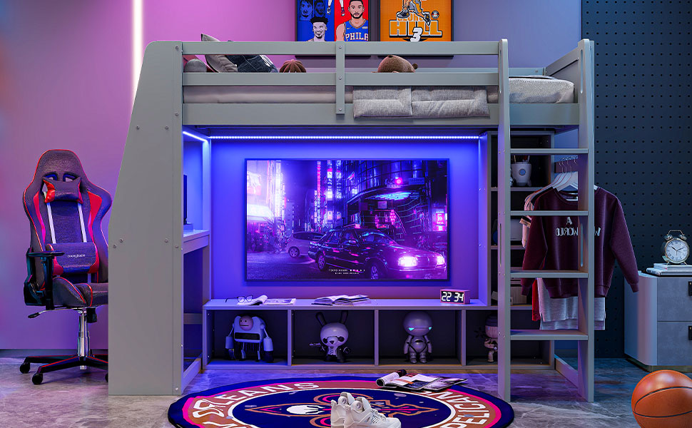 Wood Twin Size Gaming Loft Bed with Desk, Multi-storage Shelves, LED and a Hanging Clothes Rack, Gray