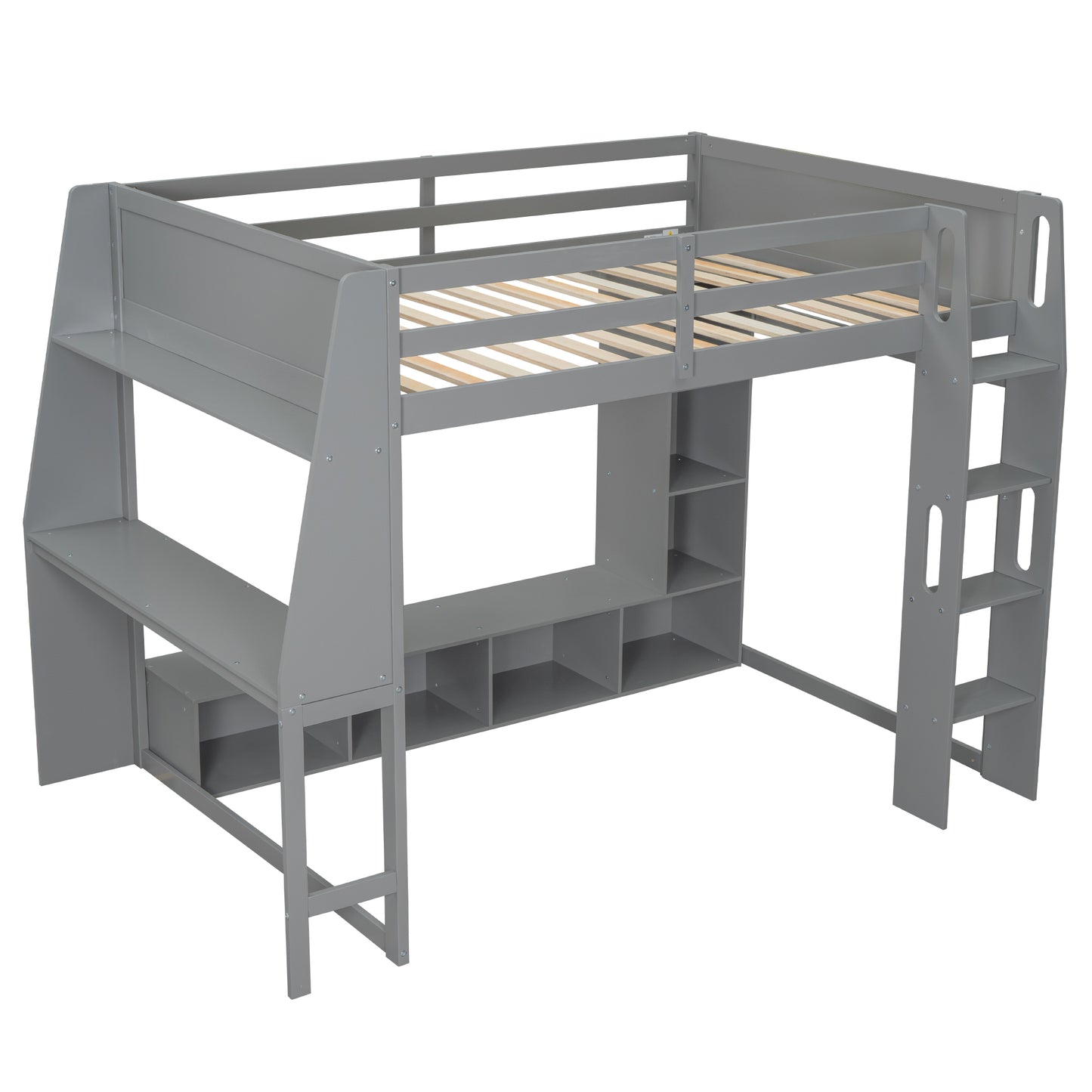 Wood Full Size Gaming Loft Bed with Desk, Multi-storage Shelves, LED and a Hanging Clothes Rack, Gray