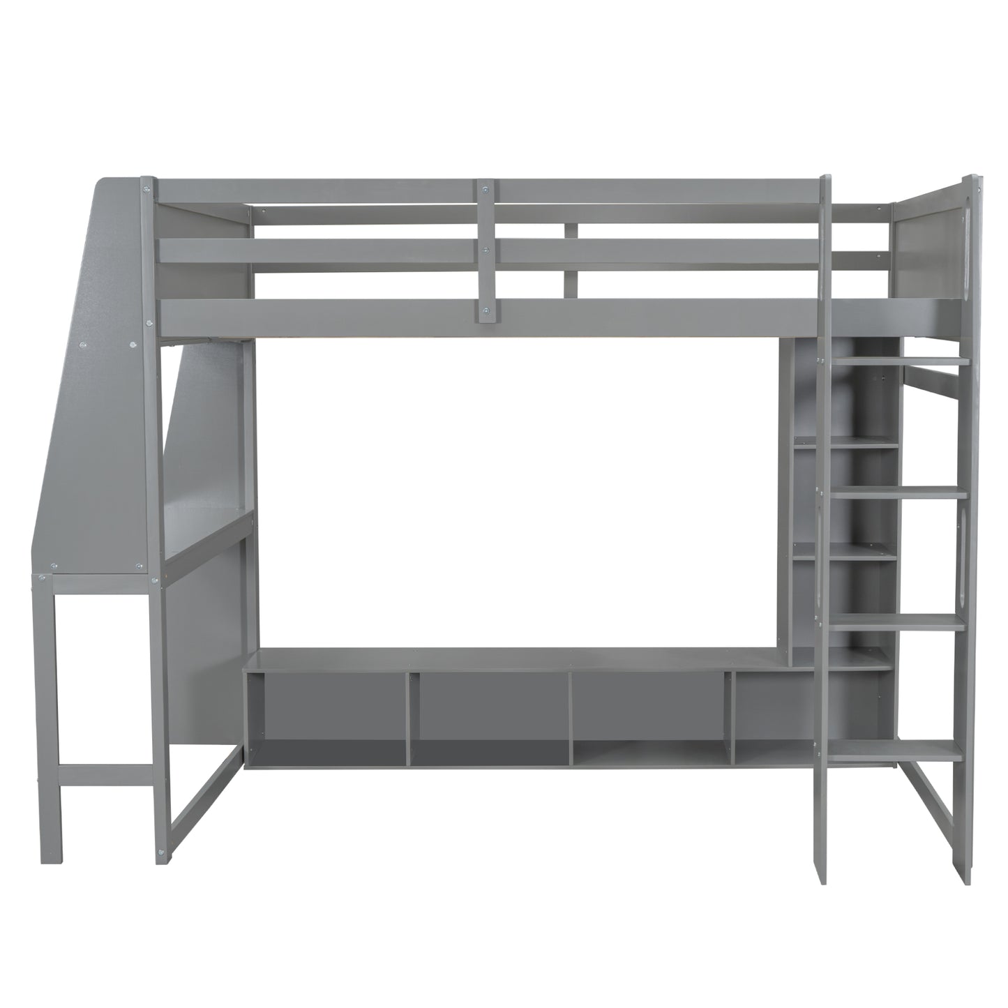 Wood Full Size Gaming Loft Bed with Desk, Multi-storage Shelves, LED and a Hanging Clothes Rack, Gray