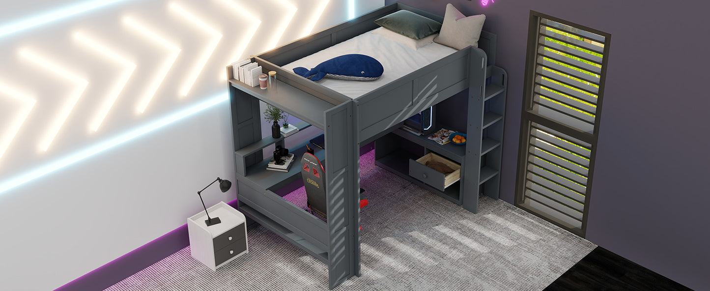 Wood Full Size Gaming Loft Bed with Desk, Multi-storage Shelves, LED and Charging Station, Dark Gray