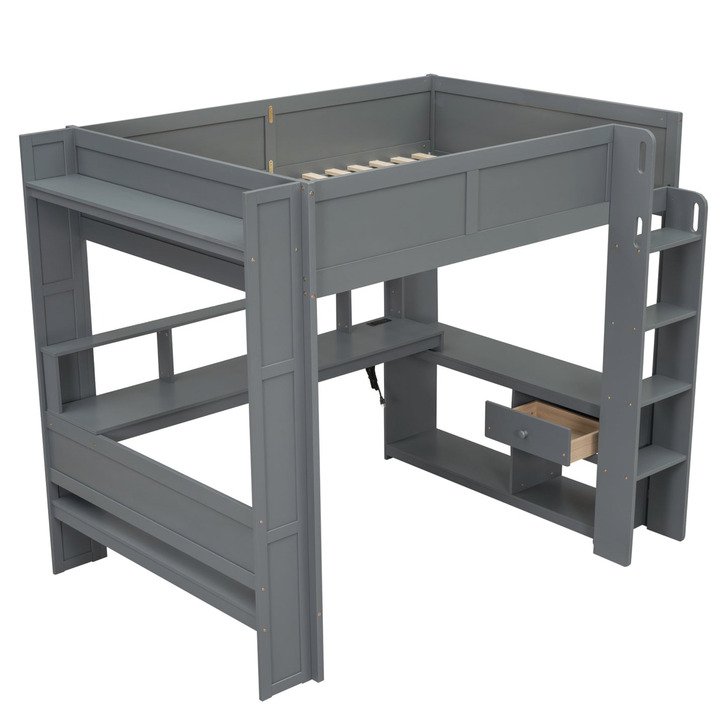 Wood Full Size Gaming Loft Bed with Desk, Multi-storage Shelves, LED and Charging Station, Dark Gray