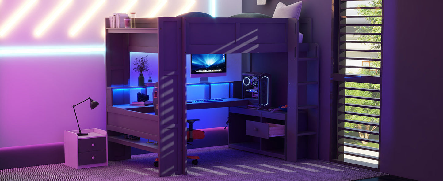 Wood Full Size Gaming Loft Bed with Desk, Multi-storage Shelves, LED and Charging Station, Dark Gray