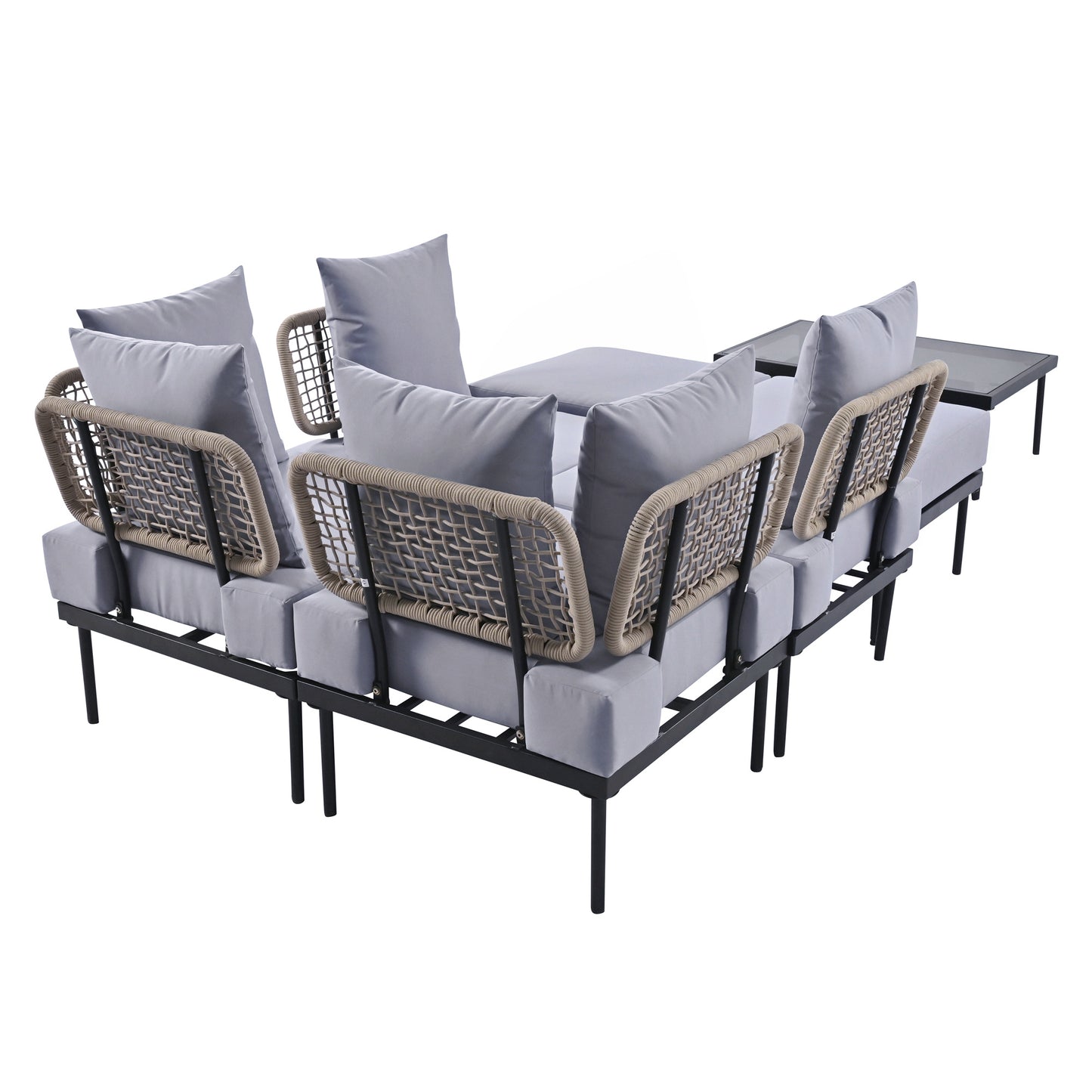 8-Piece Patio Sectional Sofa Set with Tempered Glass Coffee Table and Wooden Coffee Table for Outdoor Oasis, Garden, Patio and Poolside (Light Grey Cushion + Black Steel)