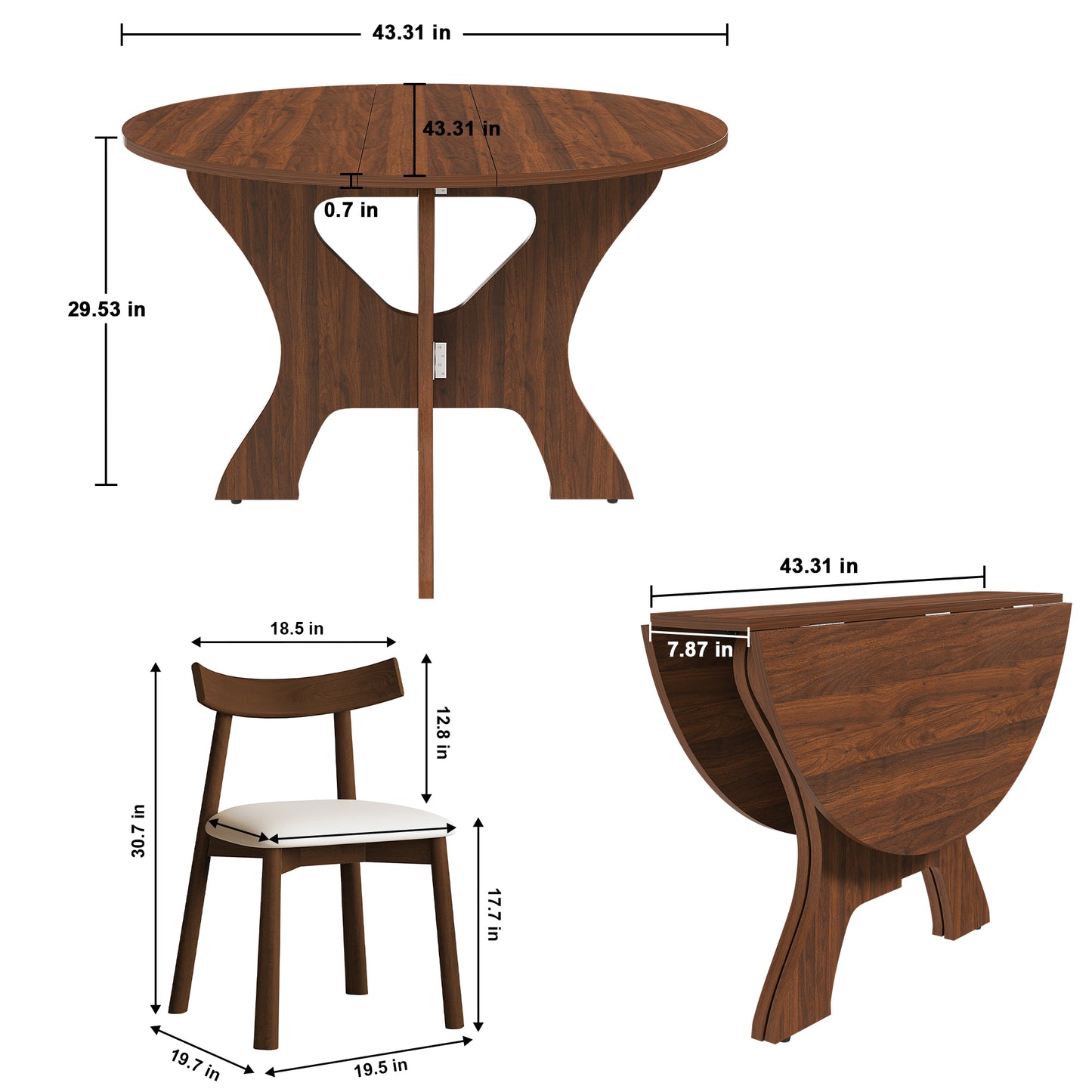 43 in Folding Dining Table Set with 2 Chairs, MDF Table with Walnut Veneer & Solid Wood PU Chairs, Space Saving Foldable Kitchen Set for Indoor and Outdoor Use