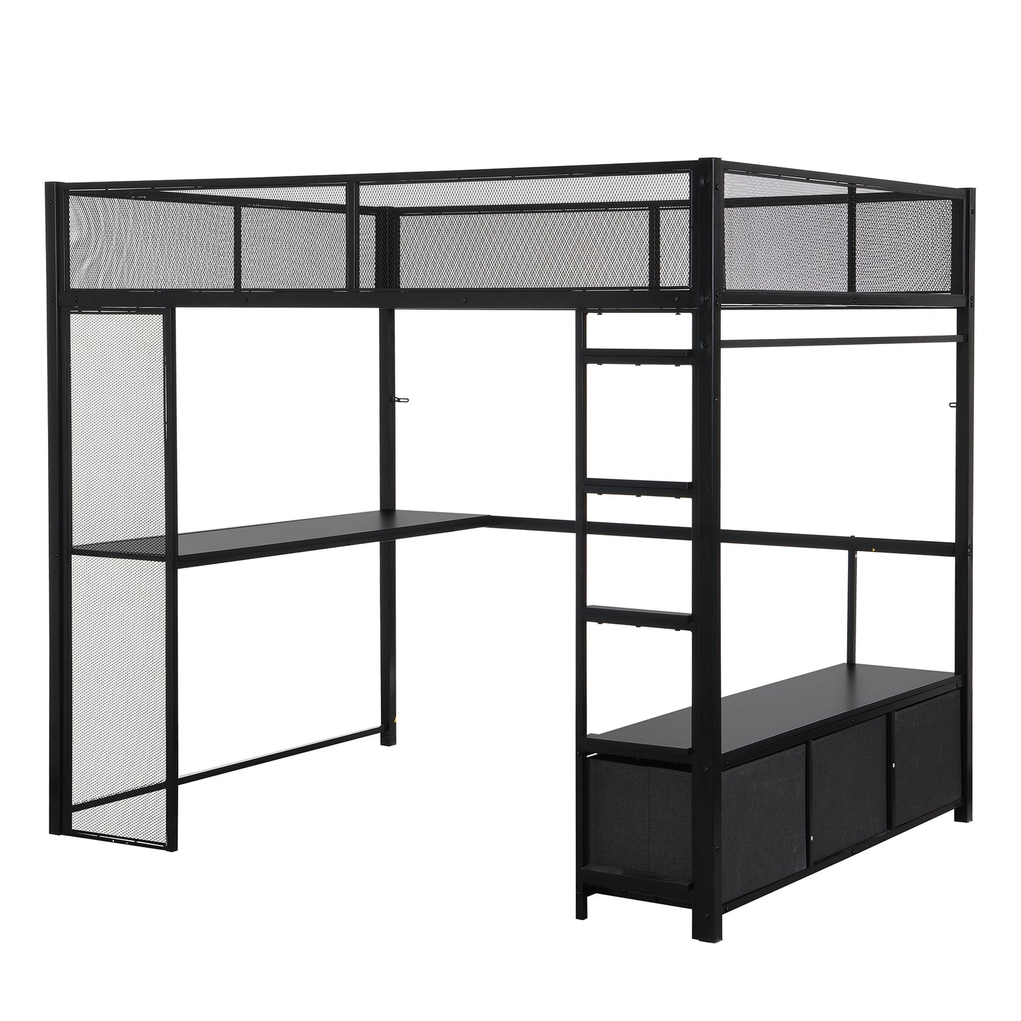 Full Size Metal Gaming Loft Bed with LED, Desk, Open Wardrobe and 3 Linen Storage Drawers, Black