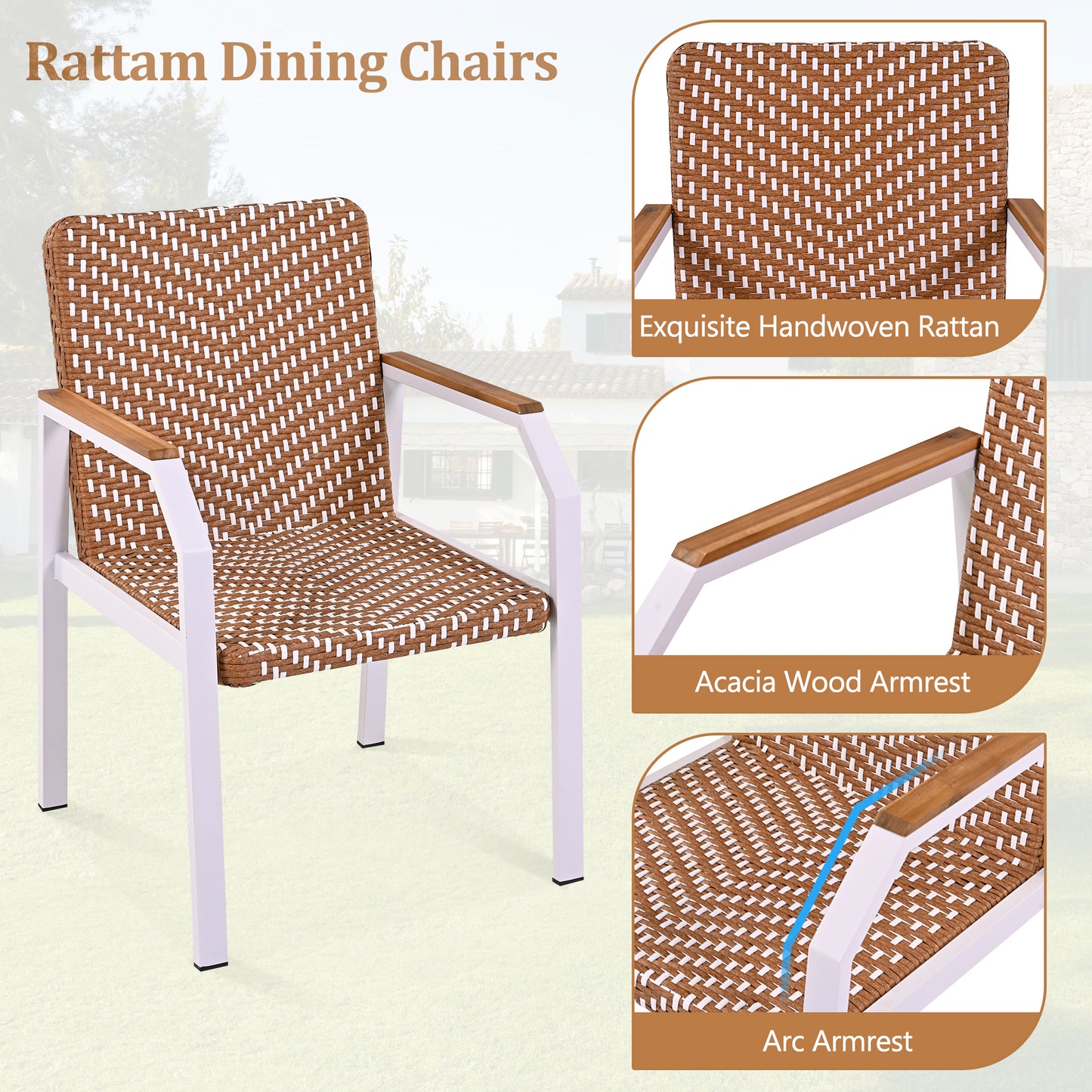 GO 7 Piece Patio Dining Table Set, Outdoor Wicker Furniture Set of 6 Chairs, Two Tone Weave Rattan, Acacia Wood Tabletop, Outdoor Dining Set for Backyard and Garden, Brown