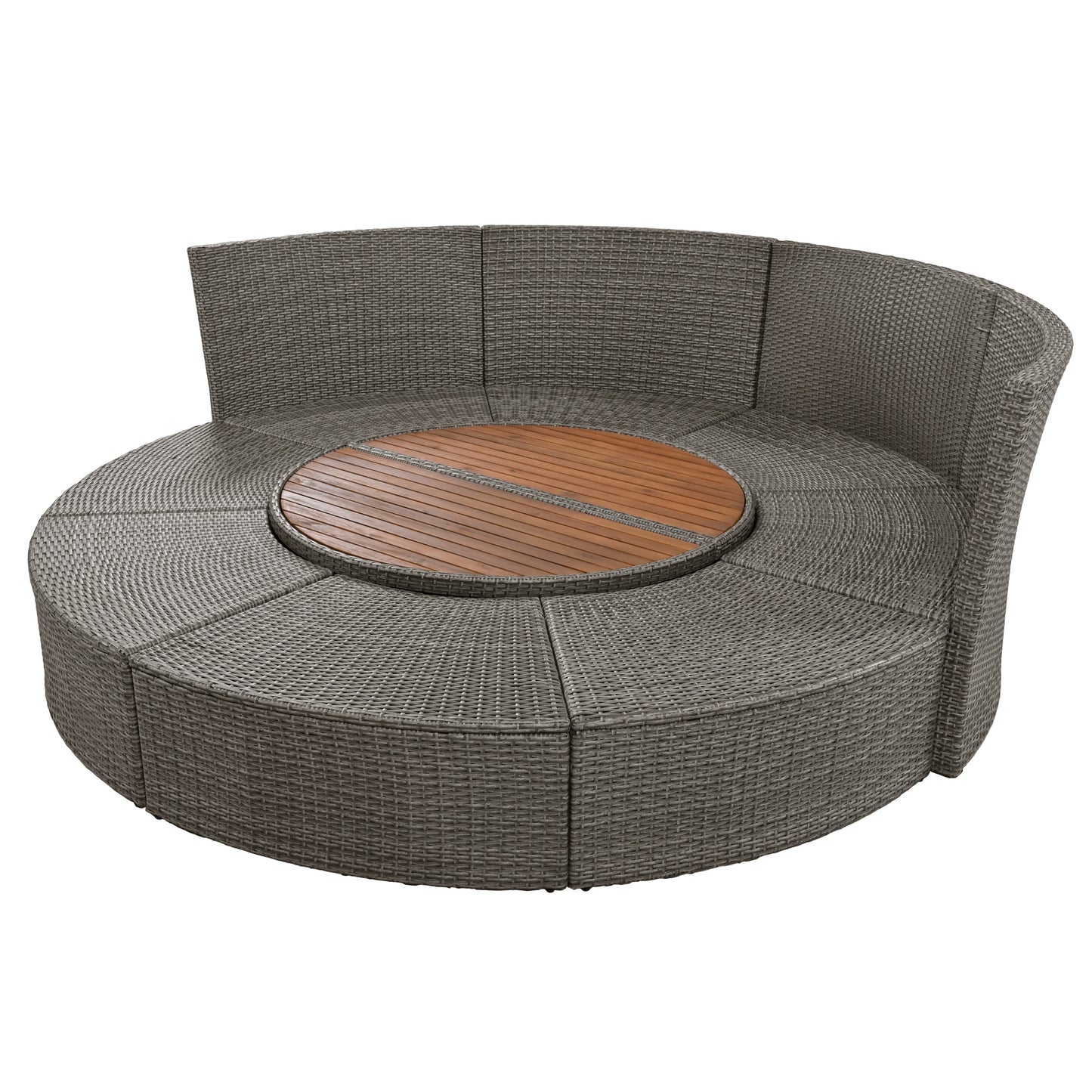 5-Piece Round Rattan Sectional Sofa Set All-Weather PE Wicker Sunbed Daybed with Round Liftable Table and Washable Cushions for Outdoor Backyard Poolside, Gray