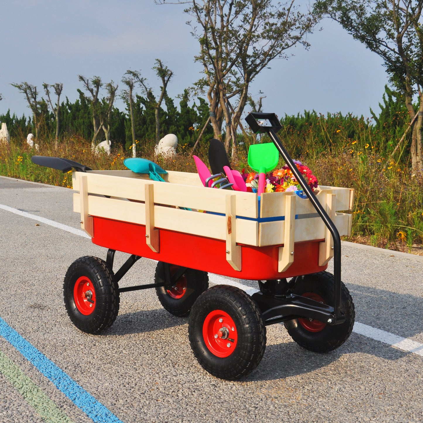 outdoor sport wagon tools cart wooden side panels air tires Wagon