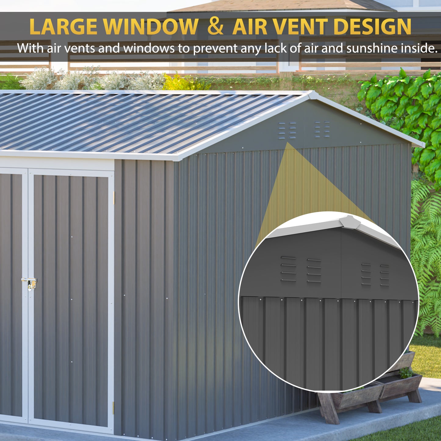 12x10 FT Outdoor Storage Shed Metal, Large Garden Tool Sheds Outdoor with Lockable Doors, Waterproof Steel Utility Storage Building, Heavy Duty Equipment Shed for Backyard Patio Lawn Garden, Grey