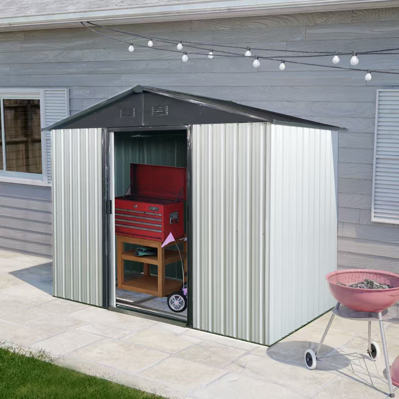 8ft x 4ft Outdoor Metal Storage Shed with Sliding Door and foundation for Backyard, Patio, Lawn - White and Black