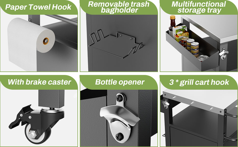 Outdoor Grill Cart with Patio Furniture, Outdoor Grill Table with Storage,Rolling Bar Cart Outdoor BBQ Cart with Hooks and Spice Rack for Grilling Accessories, Black