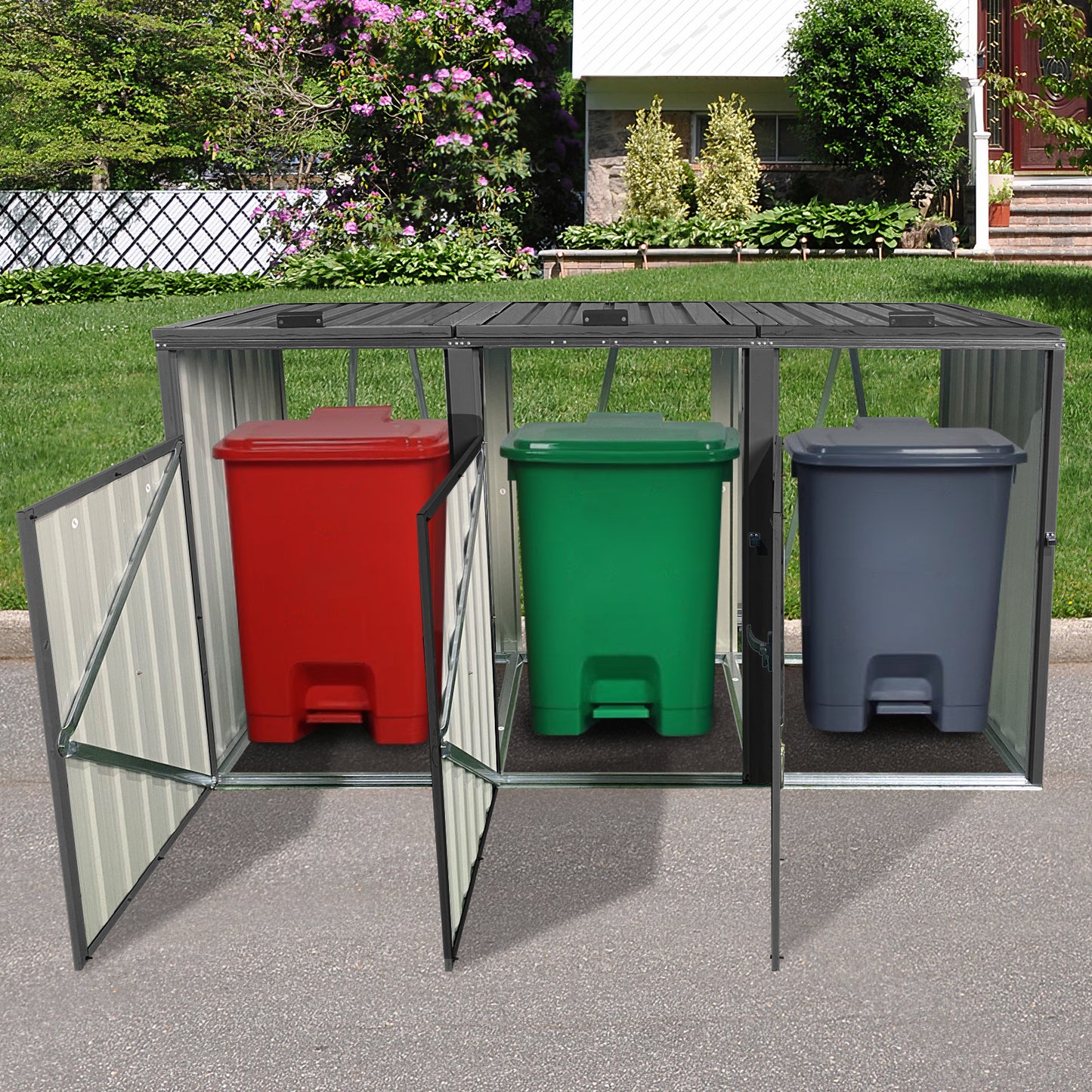 Garbage Bin Shed Stores 3 Trash Cans Metal Outdoor Bin Shed for Garbage Storage,black