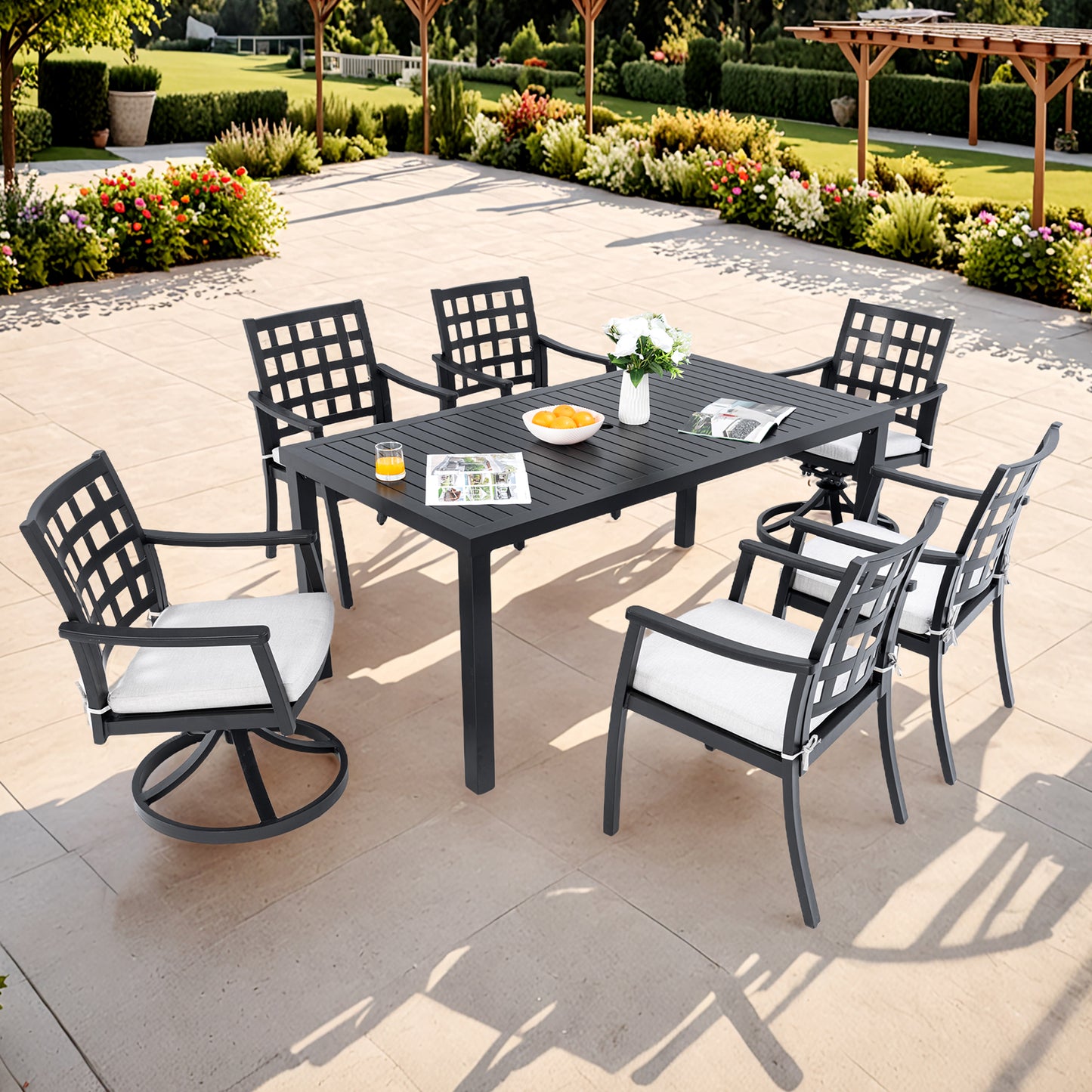 Modern Classic 7PC Outdoor Patio Dining Set,a Rectangular Table,Six Chairs (4 Stationary, 2 Swivel Rockers),Cast Aluminum,Rust-Free,Textured Ember Black,Sunbrella Cushions,Weather-Resistant,for Garden