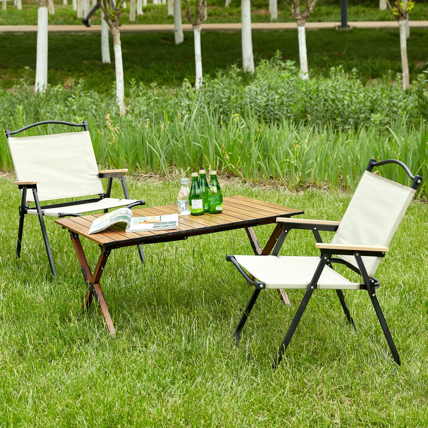 3-piece Folding Outdoor Table and two chairs,Lightweight Aluminum Roll-up Square for indoor, Outdoor Camping, Picnics, Beach,Backyard, BBQ, Party, Patio, Brown/Beige