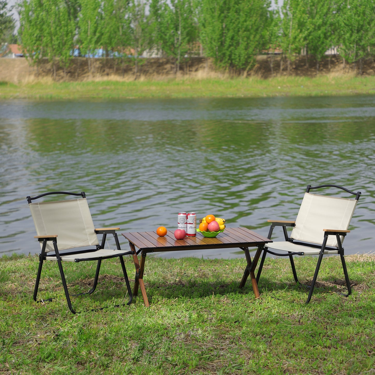3-piece Folding Outdoor Table and two chairs,Lightweight Aluminum Roll-up Square for indoor, Outdoor Camping, Picnics, Beach,Backyard, BBQ, Party, Patio, Brown/Beige
