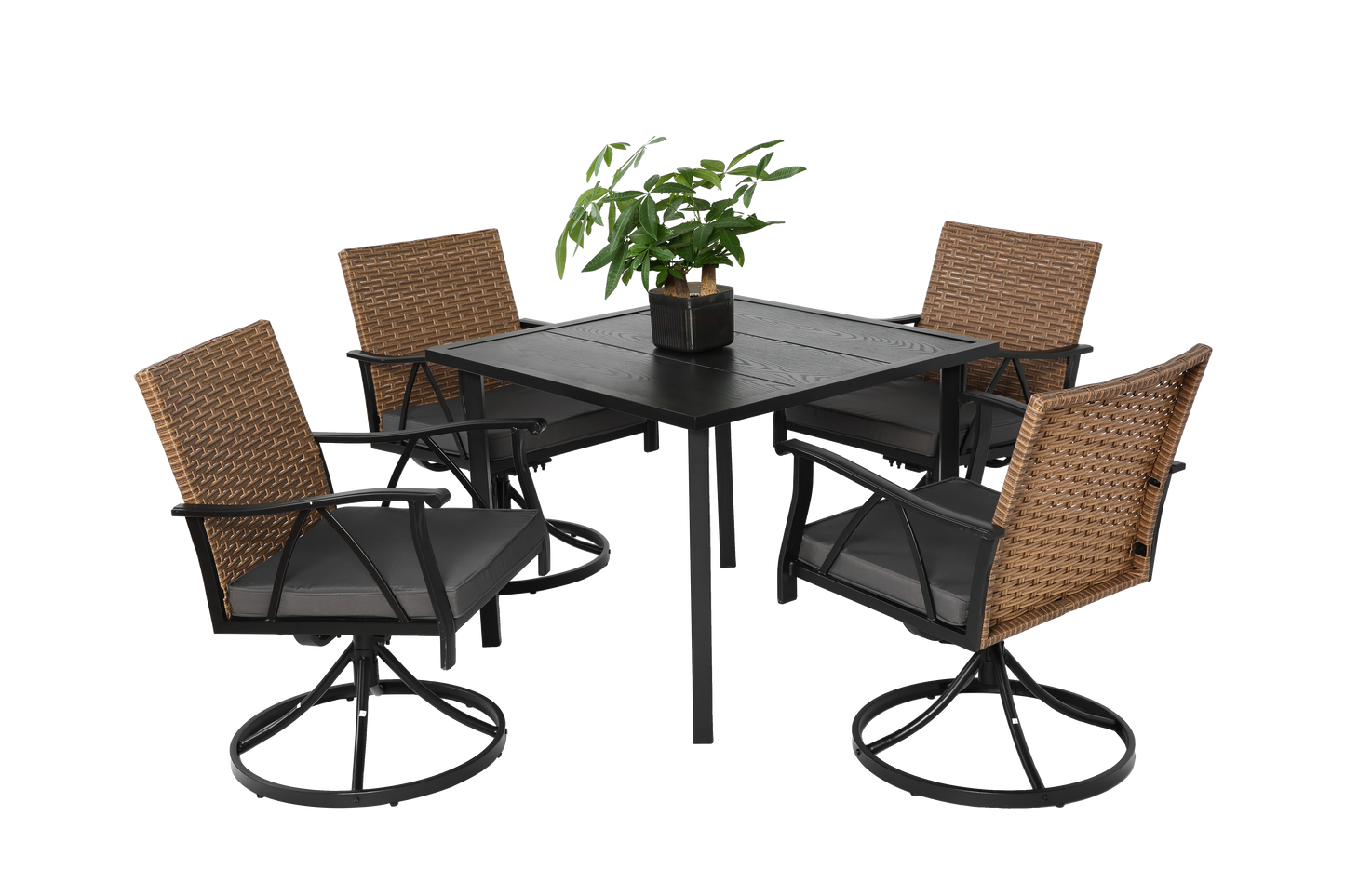 5 Piece Patio Dining Set for 4,Outdoor Wicker Furniture Set for Backyard Garden Deck Poolside with 4 Cushions Swivel Rocker Chairs,steel Table Top, Removable Cushions