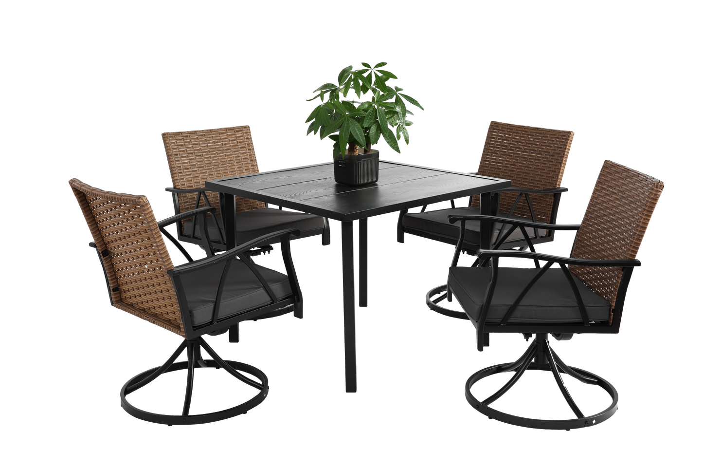 5 Piece Patio Dining Set for 4,Outdoor Wicker Furniture Set for Backyard Garden Deck Poolside with 4 Cushions Swivel Rocker Chairs,steel Table Top, Removable Cushions