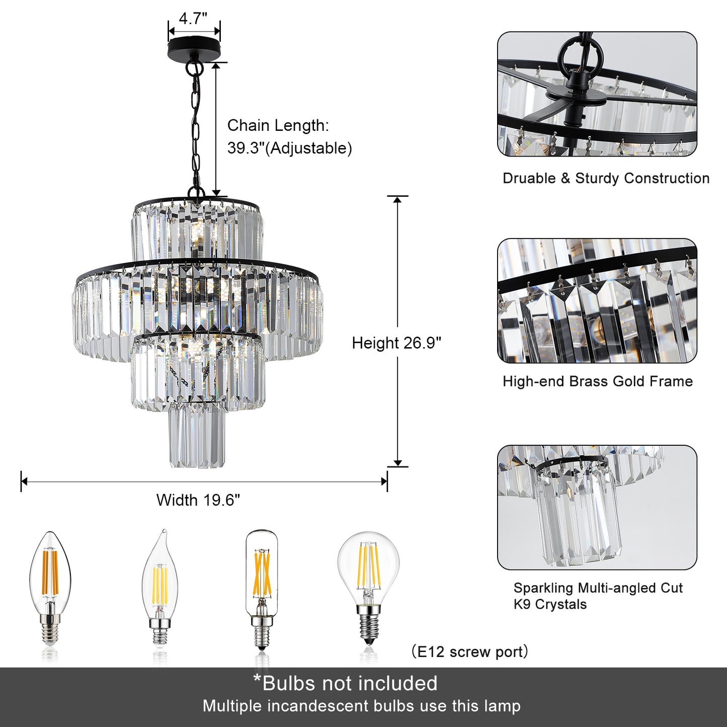 20" Modern Crystal Chandelier with Black Finish, 4-Tier Design for Dining Room or Living Room, Elegant Crystal Pendant Light Fixture (Bulb Not Included)