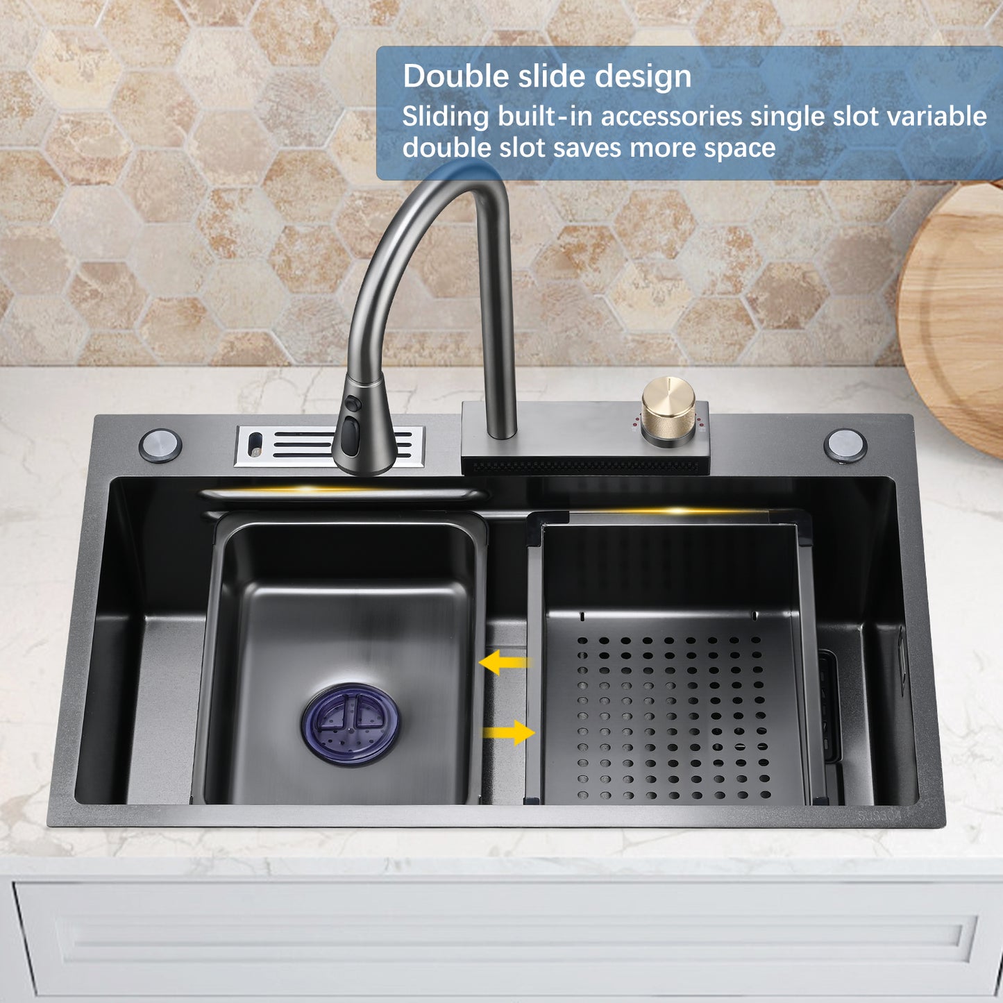 Kitchen Sink Flying rain Waterfall Kitchen Sink Set 30"x 18" 304 Stainless Steel Sink with Pull Down Faucet, and Accessories