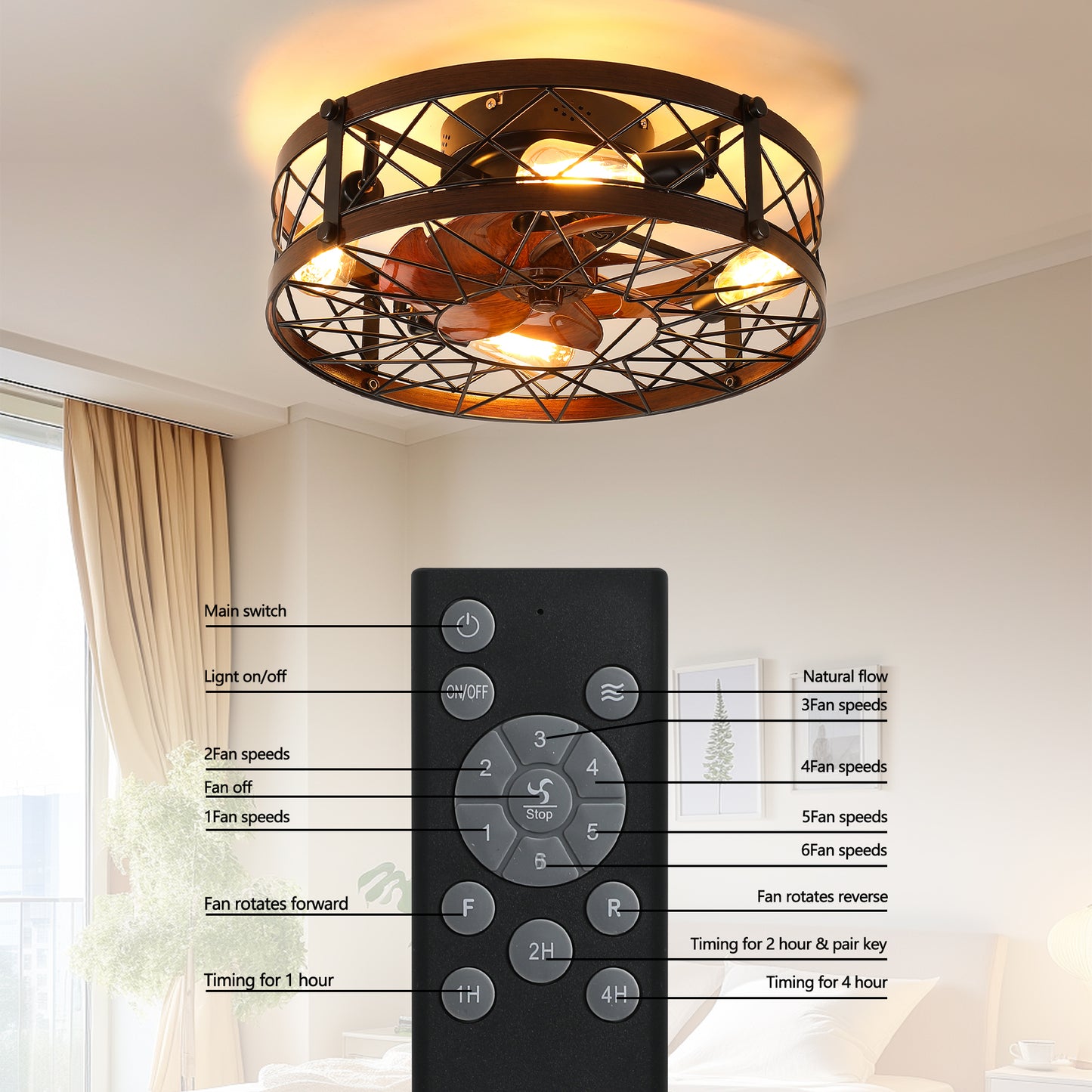 Caged Ceiling Fans with Lights Black, 20 inch Flush Mount Ceiling Fan Light, Farmhouse Small Ceiling Fan with Light Fixture, Reversible Fan for Bedroom(E26 Bulbs Included)