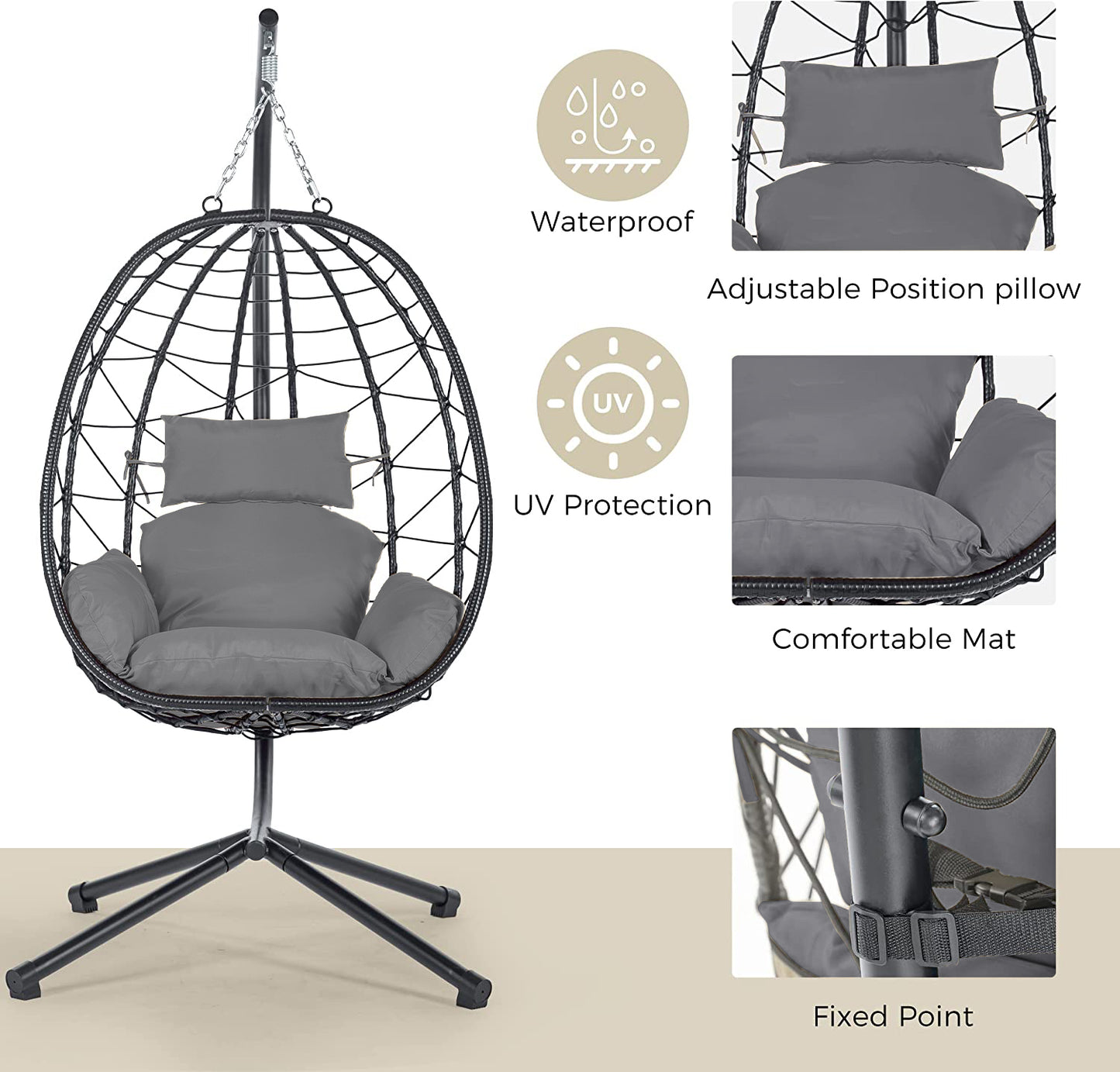 Egg Chair with Stand Indoor Outdoor Swing Chair Patio Wicker Hanging Egg Chair Hanging Basket Chair Hammock Chair with Stand for Bedroom Living Room Balcony
