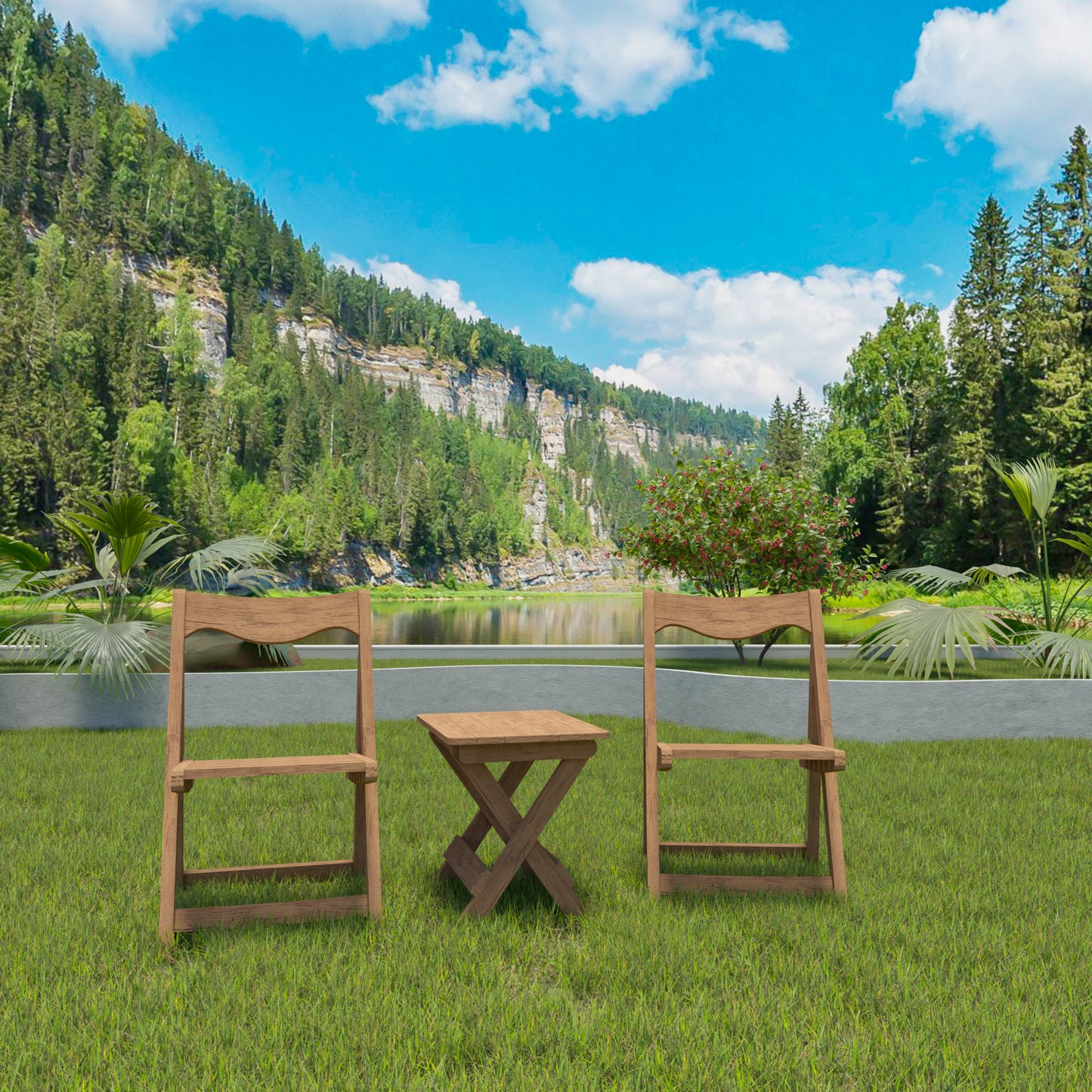 HIPS Material Outdoor Bistro Set Foldable Small Table and Chair Set with 2 Chairs and Rectangular Table, Teak