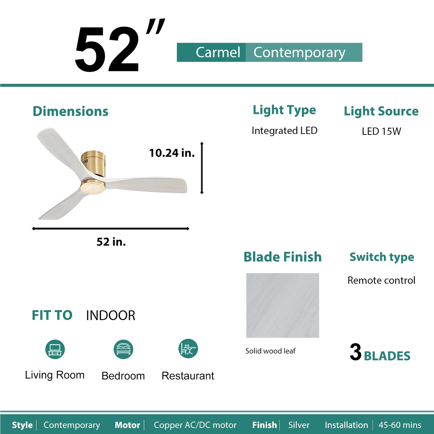 52 Inch Low Profile Ceiling Fan DC 3 Solid Wood Fan Blade Noiseless Reversible Motor Remote Control Without Light