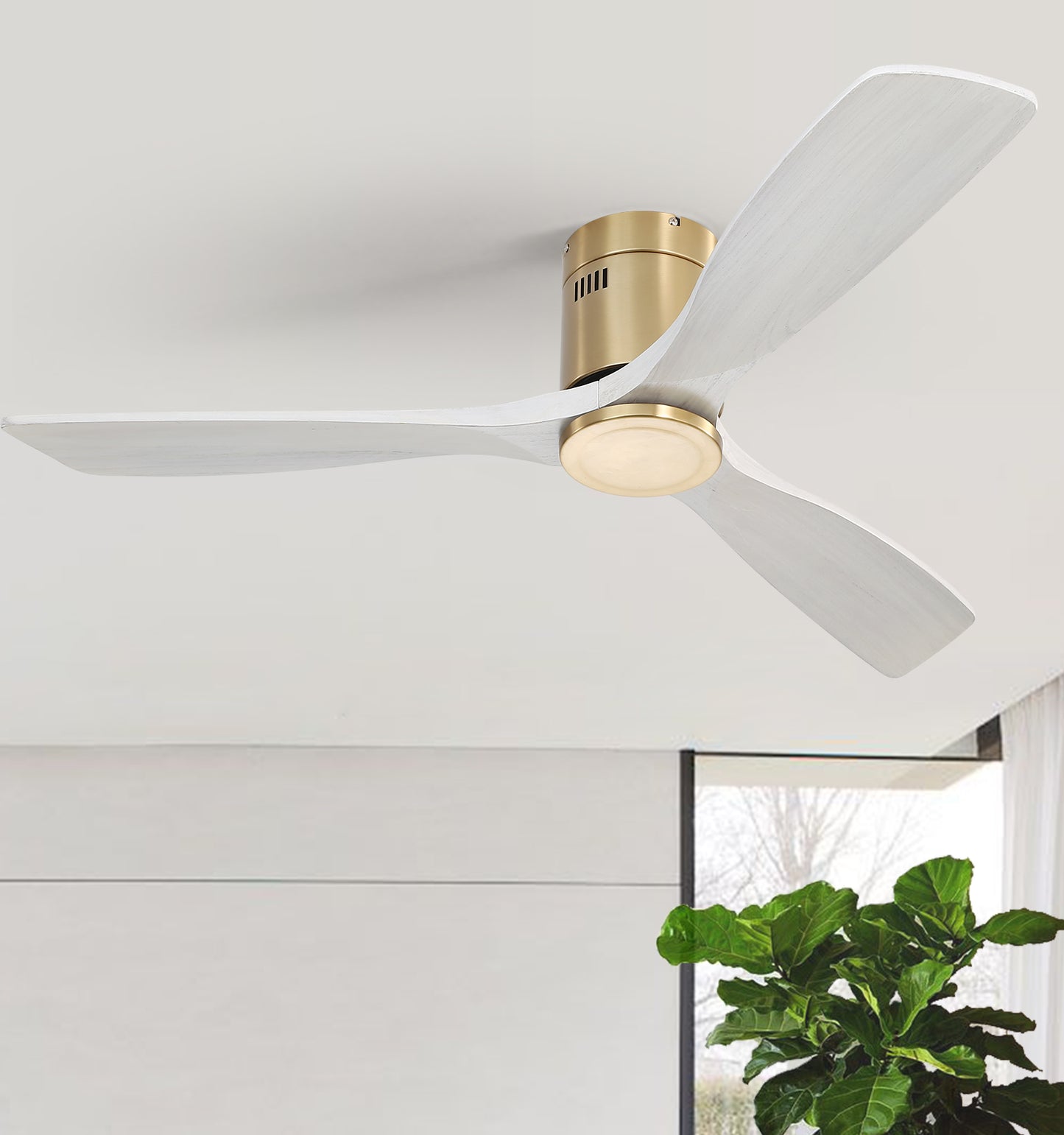 52 Inch Low Profile Ceiling Fan DC 3 Solid Wood Fan Blade Noiseless Reversible Motor Remote Control Without Light
