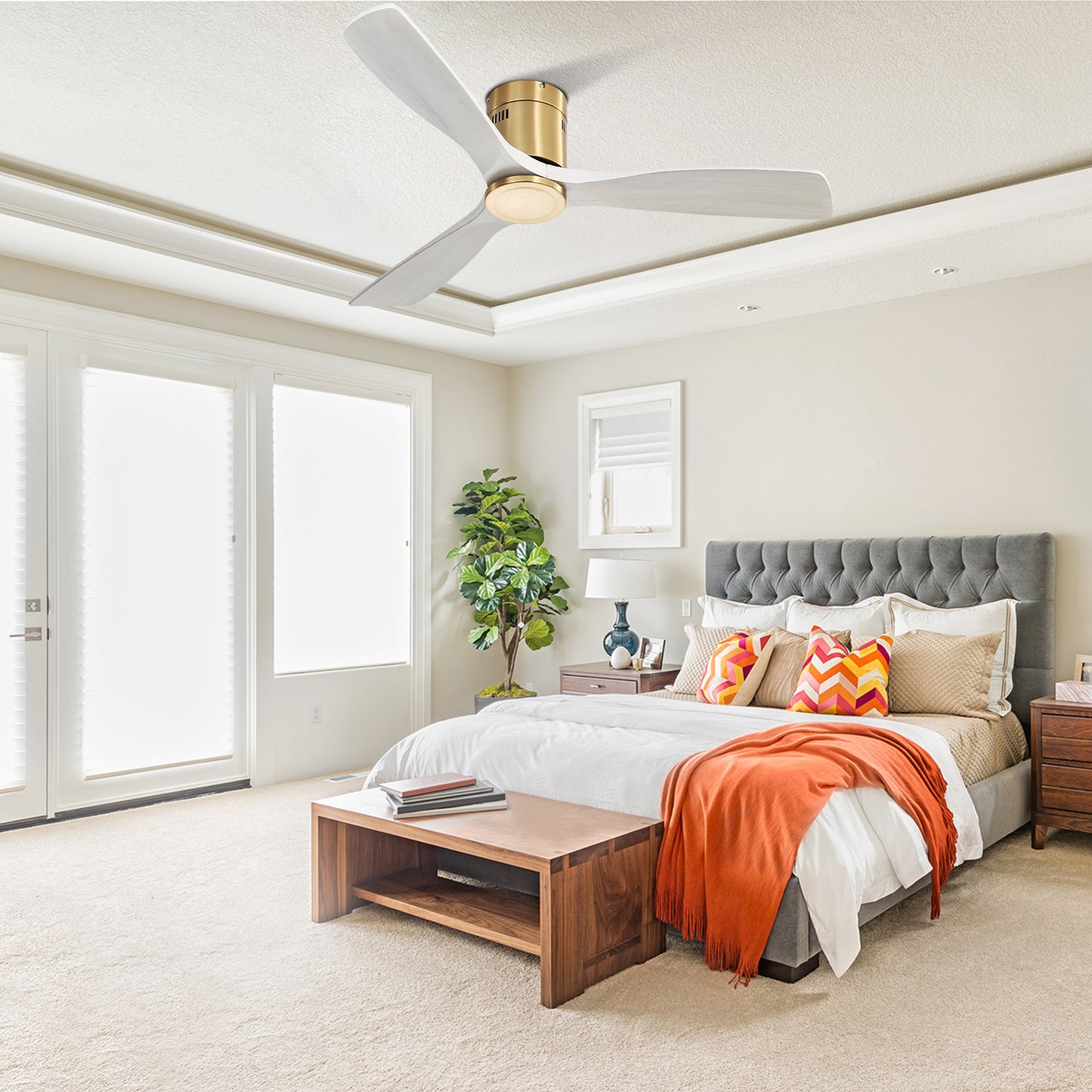 52 Inch Low Profile Ceiling Fan DC 3 Solid Wood Fan Blade Noiseless Reversible Motor Remote Control Without Light