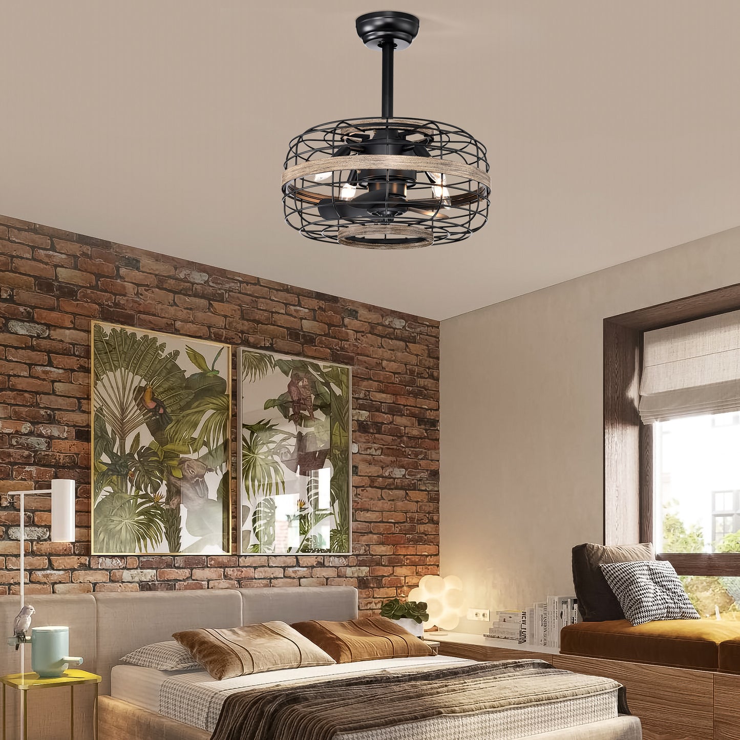 18'' Farmhouse Ceiling Fans Light - Caged Ceiling Fan with Remote Control (3-Speeds Adjustable), Wood Rustic Enclosed Reversible Ceiling Fans for Bedroom , Living Room, Kitchen.
