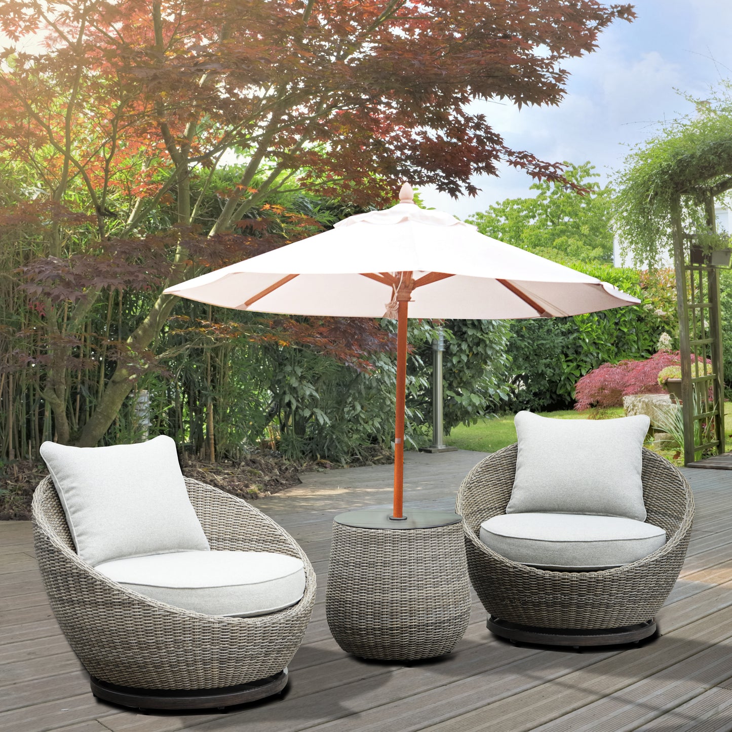 Outdoor Set - Swivel Woven Chairs, Side Table - All-Weather Resin Wicker, Powder-Coated Aluminum, Fully Assembled