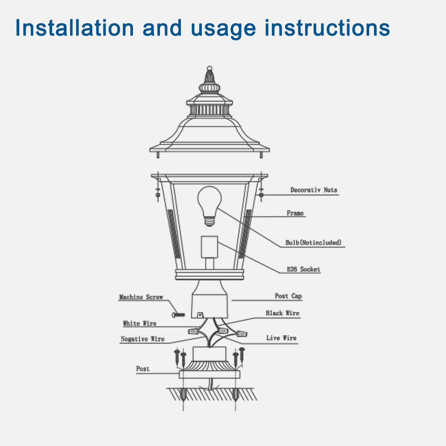 21"(H) 1-Pack Outdoor Post Lantern Light – Vintage Black Metal & Clear Glass Pillar Lamp for Garden, Gate, Driveway, and Pathway Lighting with Elegant Design (Bulb Not Included)