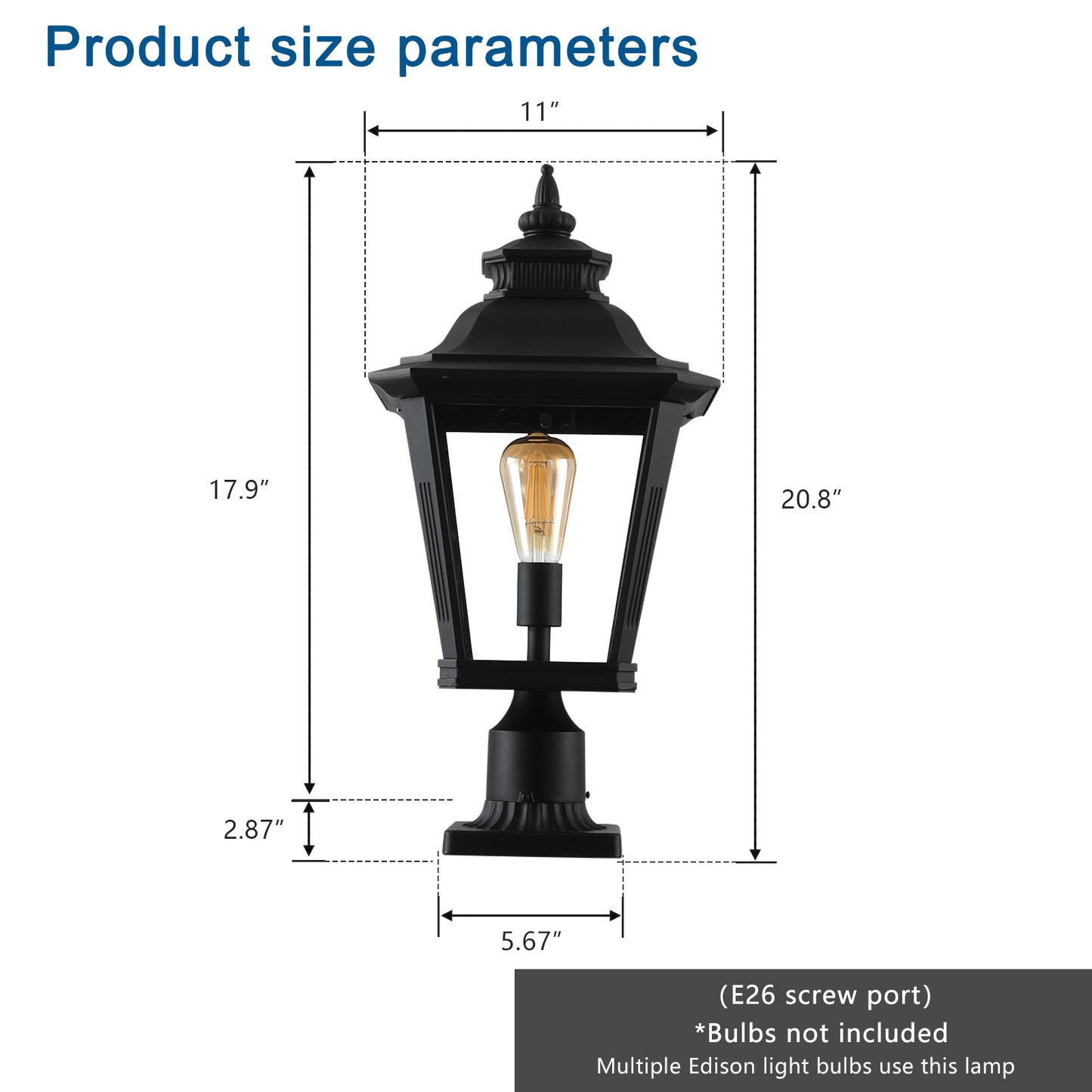 21"(H) 1-Pack Outdoor Post Lantern Light – Vintage Black Metal & Clear Glass Pillar Lamp for Garden, Gate, Driveway, and Pathway Lighting with Elegant Design (Bulb Not Included)